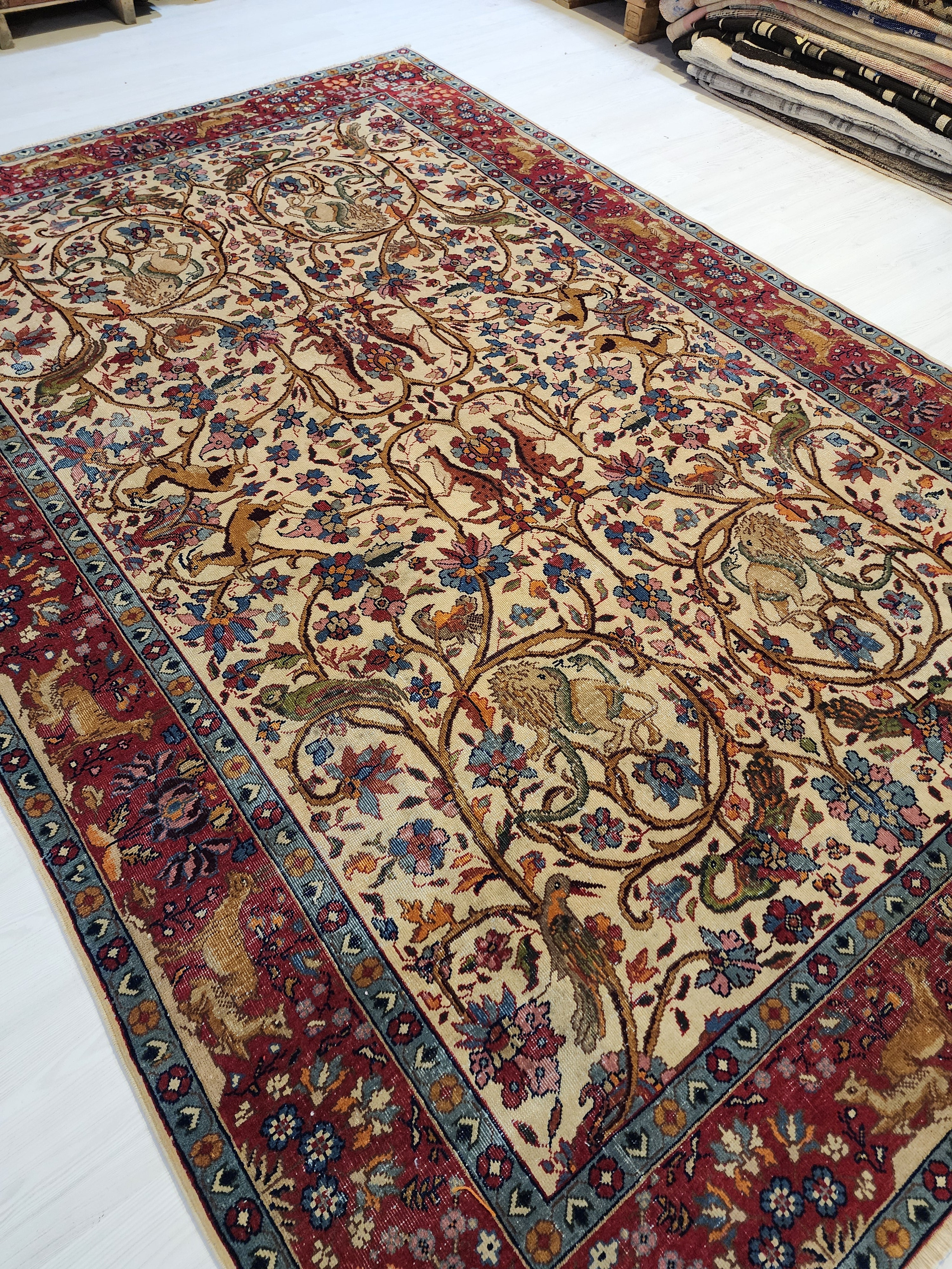 Peitho — Vintage Turkish Hunting Scene Wool Rug, Lion Deer Oriental Area Carpet