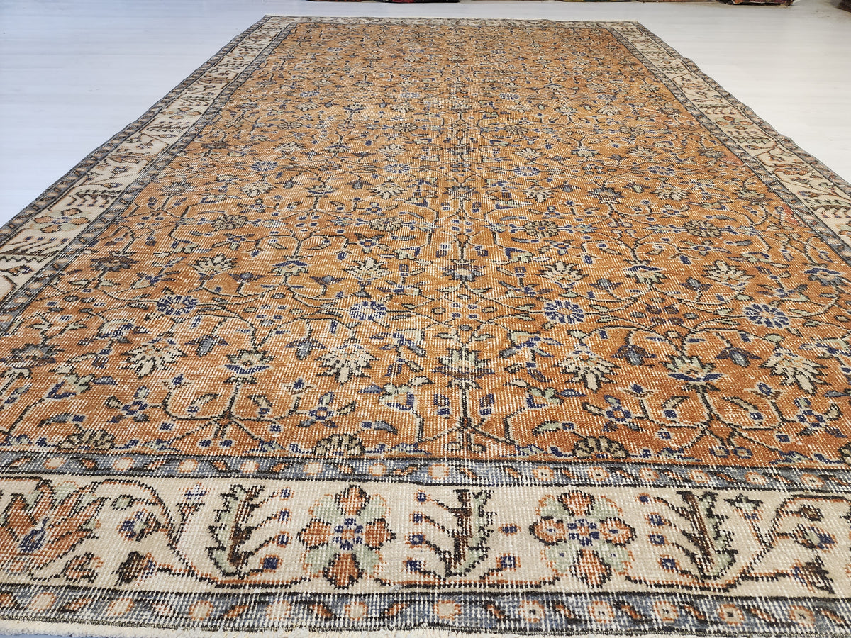 Vintage Turkish Wool Rug, Mustard Gold Floral Ottoman Area Rug (5'10" x 9'5")