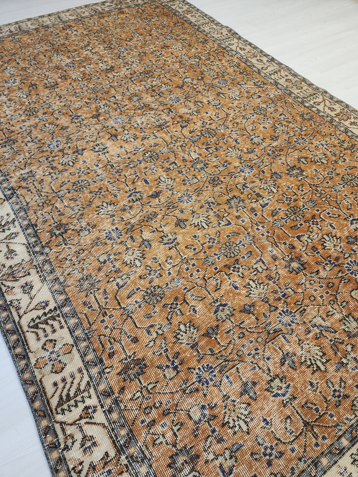 Vintage Turkish Wool Rug, Mustard Gold Floral Ottoman Area Rug (5'10" x 9'5")