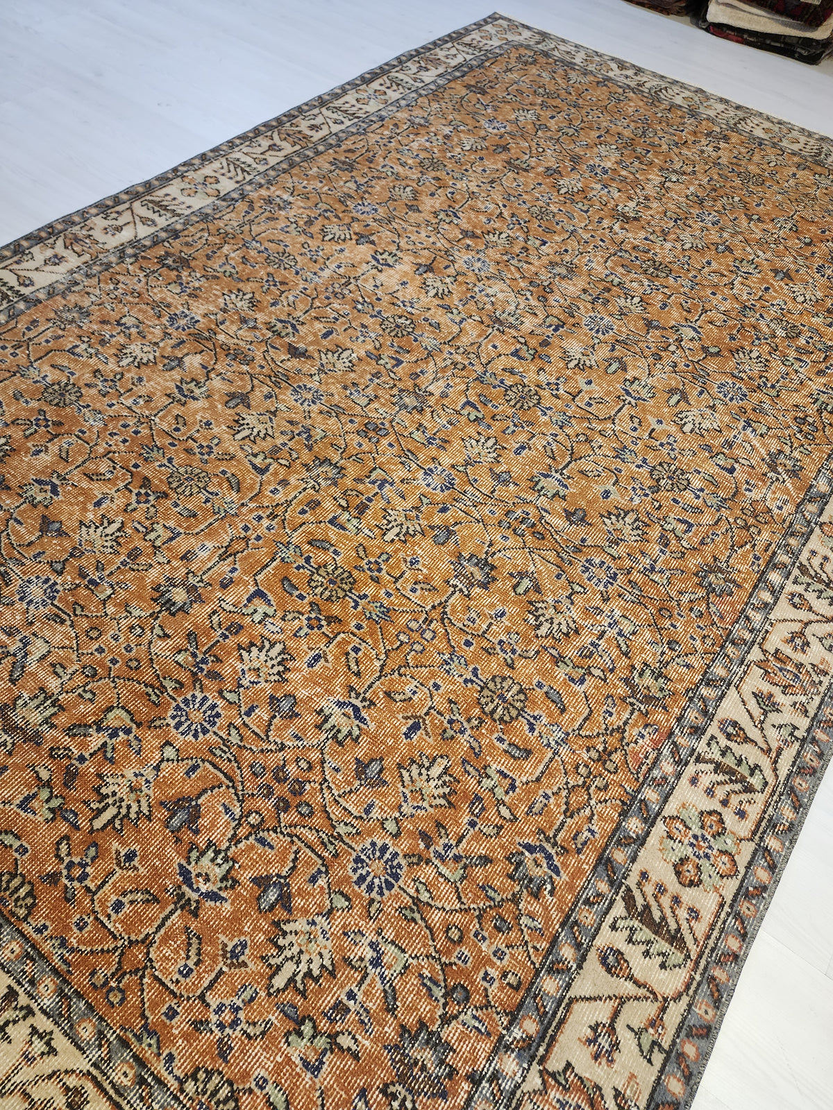 Vintage Turkish Wool Rug, Mustard Gold Floral Ottoman Area Rug (5'10" x 9'5")