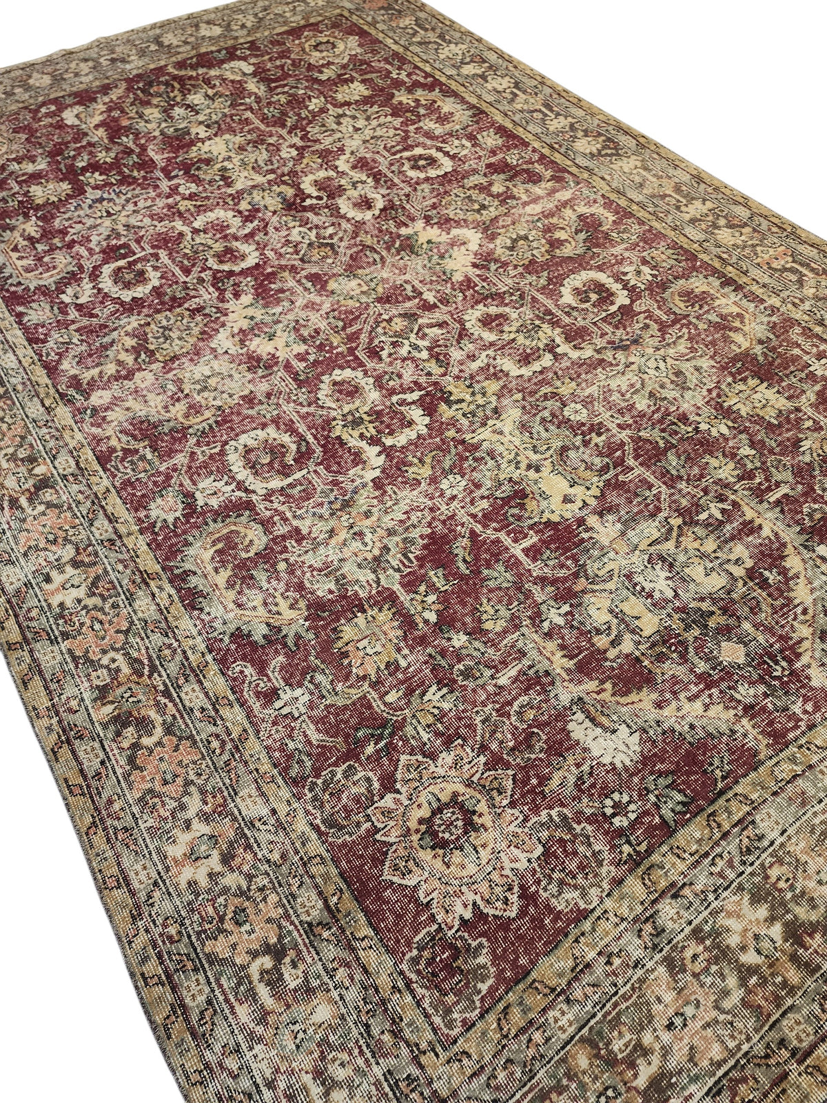 Vintage Turkish Oushak Hand-Knotted Wool Rug, Distressed Floral Carpet (6'8''x10'9'')
