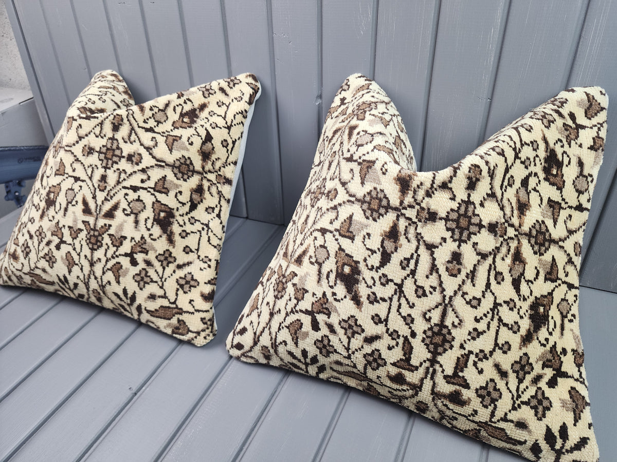 Vintage Oushak rug pillow covers, set of 2, beige and brown, 16x16 in, pair, angled view