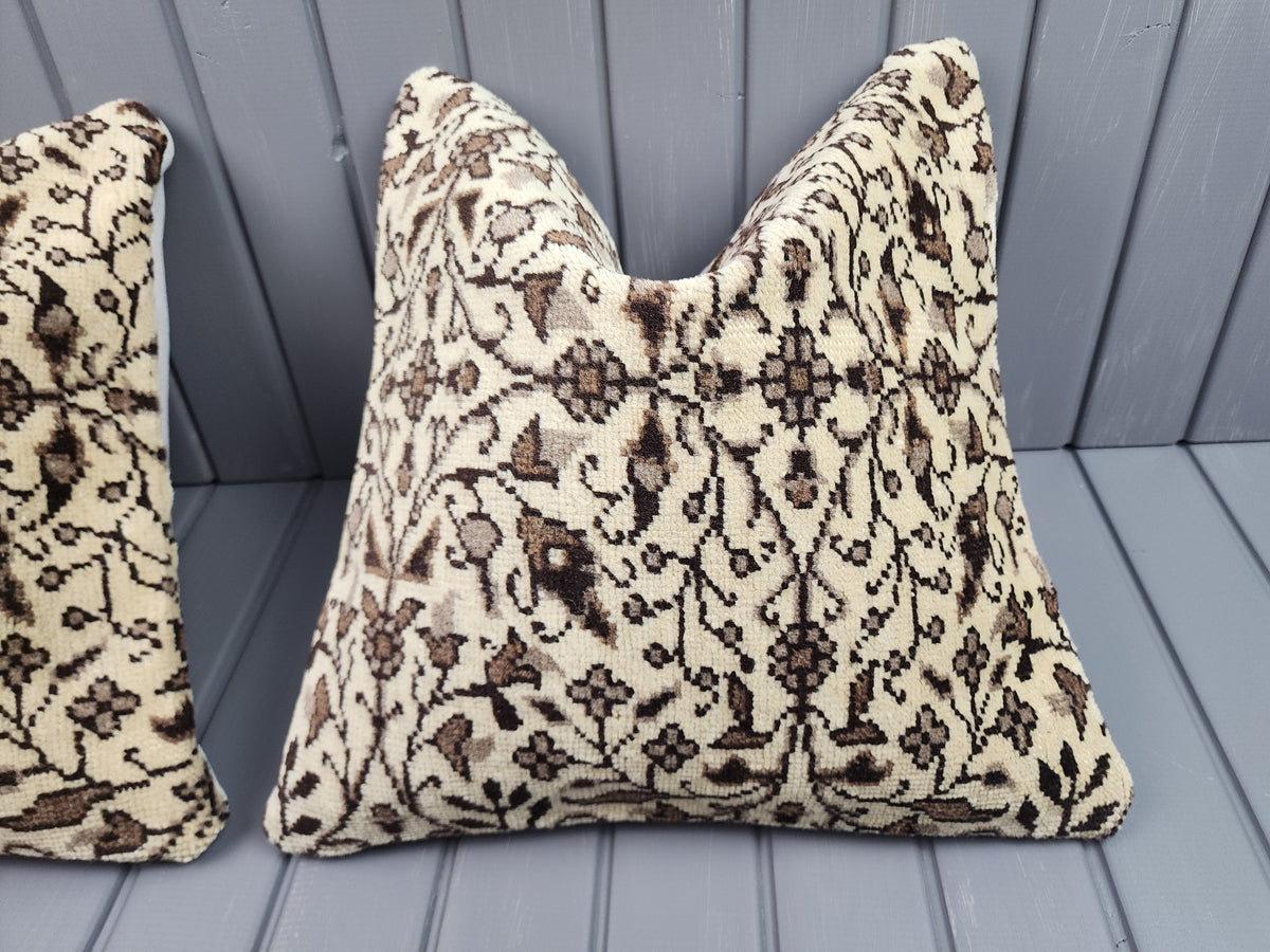 Vintage Oushak rug pillow covers, set of 2, beige and brown, 16x16 in, single cover close-up