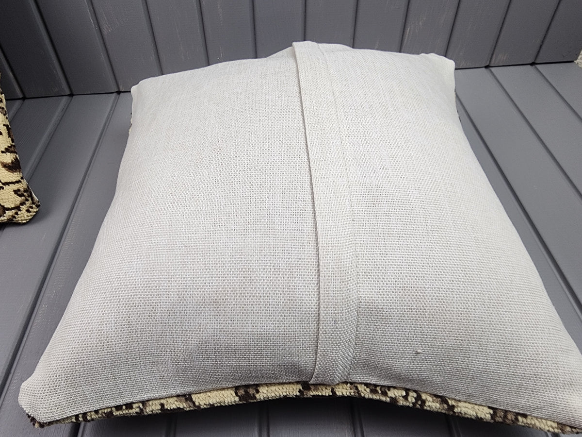 Vintage Oushak rug pillow covers, set of 2, beige and brown, 16x16 in, back of cover