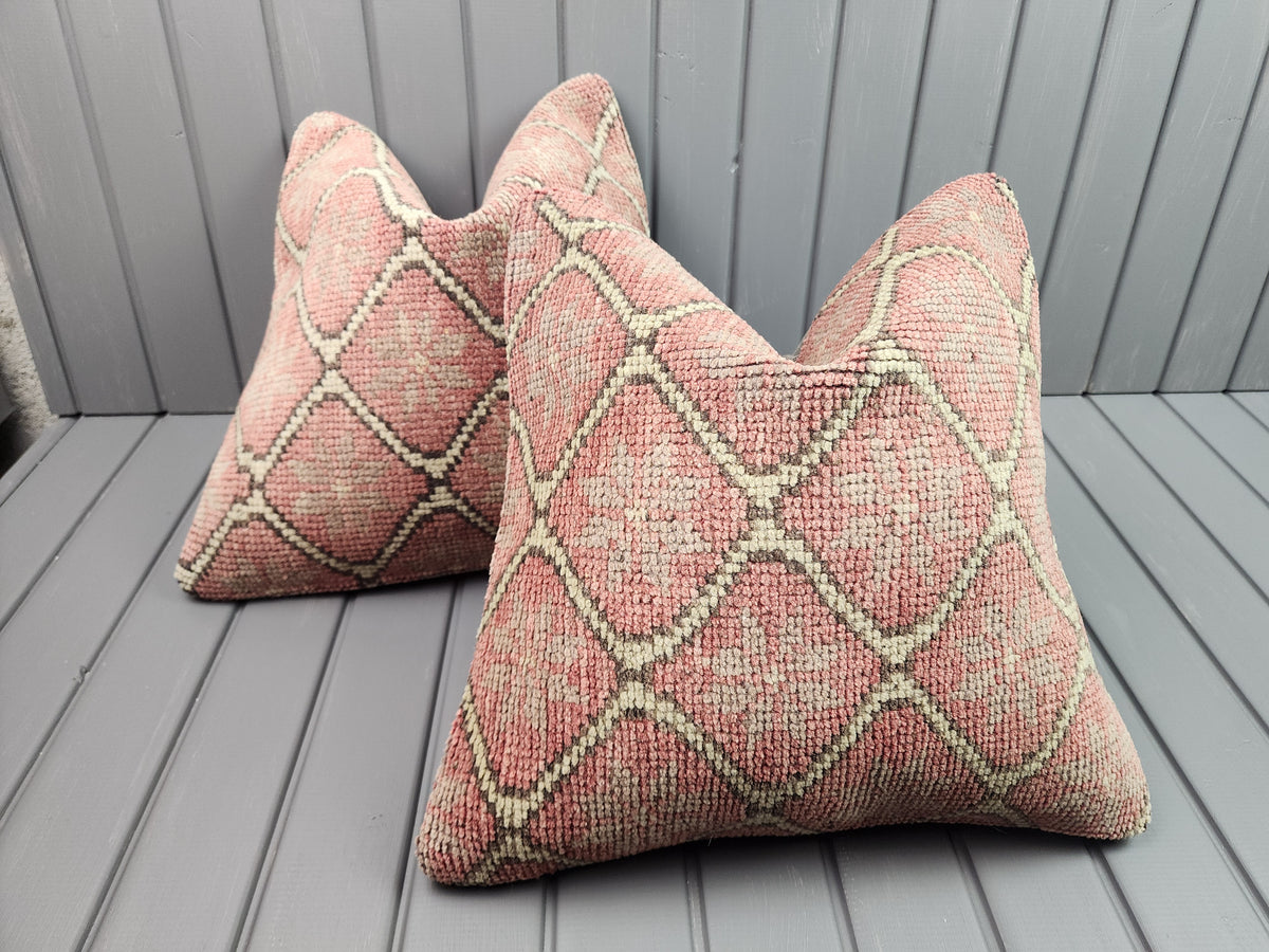 Vintage Oushak rug pillow covers, set of 2, pink, 16x16 in, pair, side view
