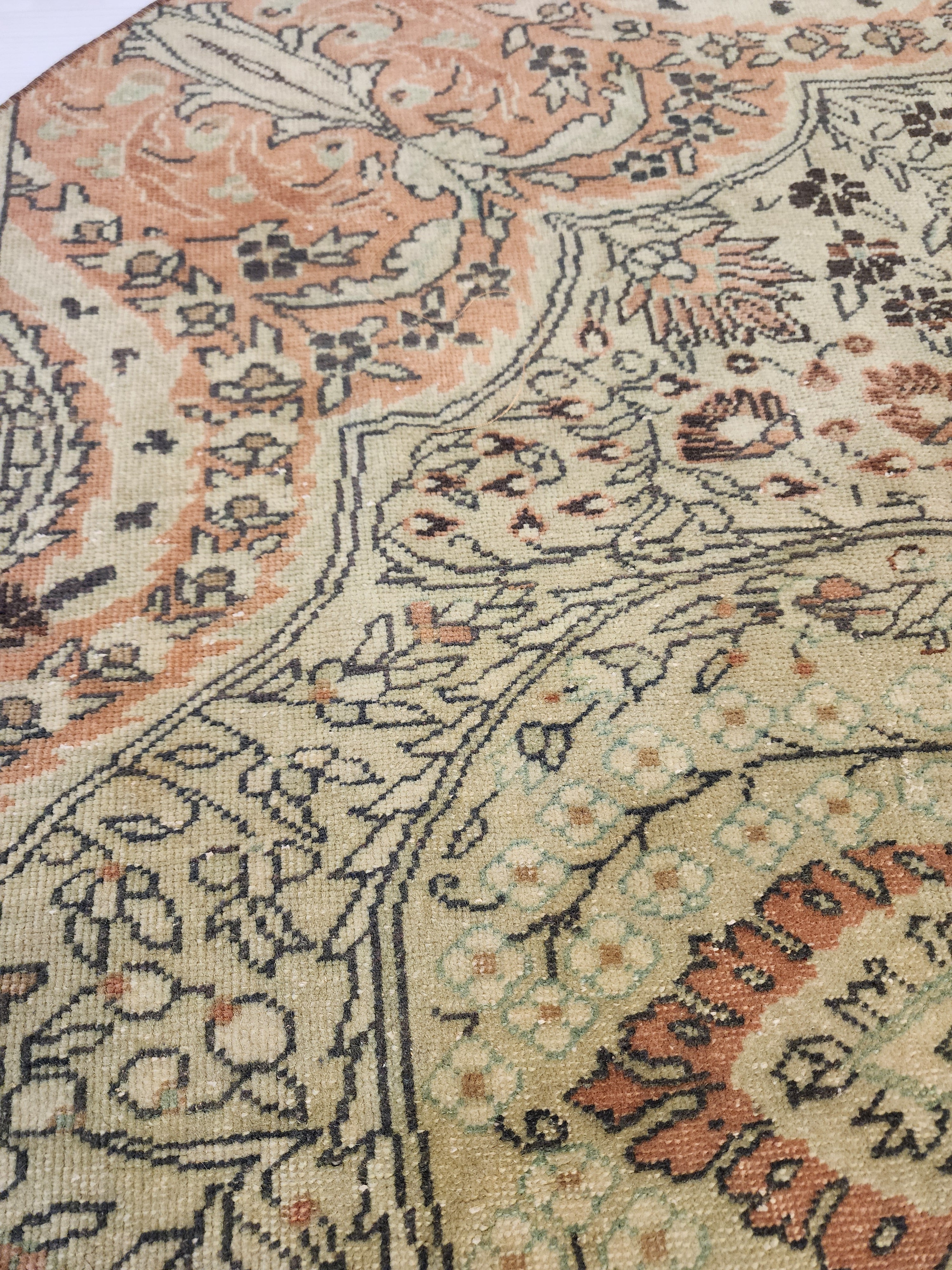 Handmade Turkish Patchwork Rug, Muted Sage Green Terracotta Boho Circle Mat