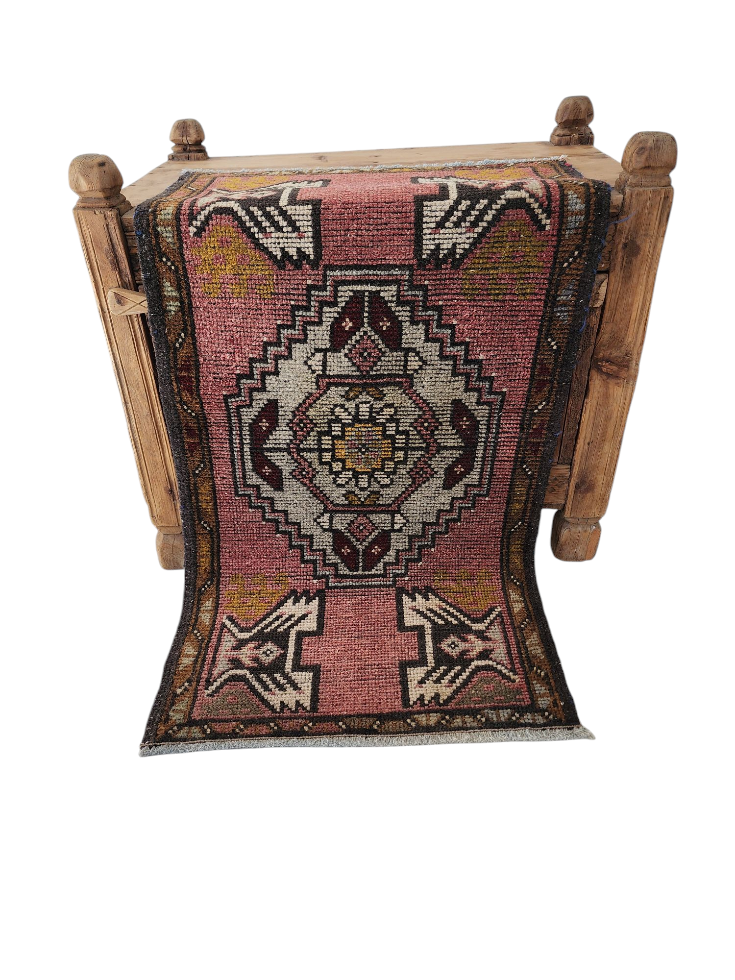 Vintage Turkish Small Rug, 3 ft 3 in x 1 ft 6 in, Pink, Blue/Grey and Beige Faded Distressed Antique Style Mat