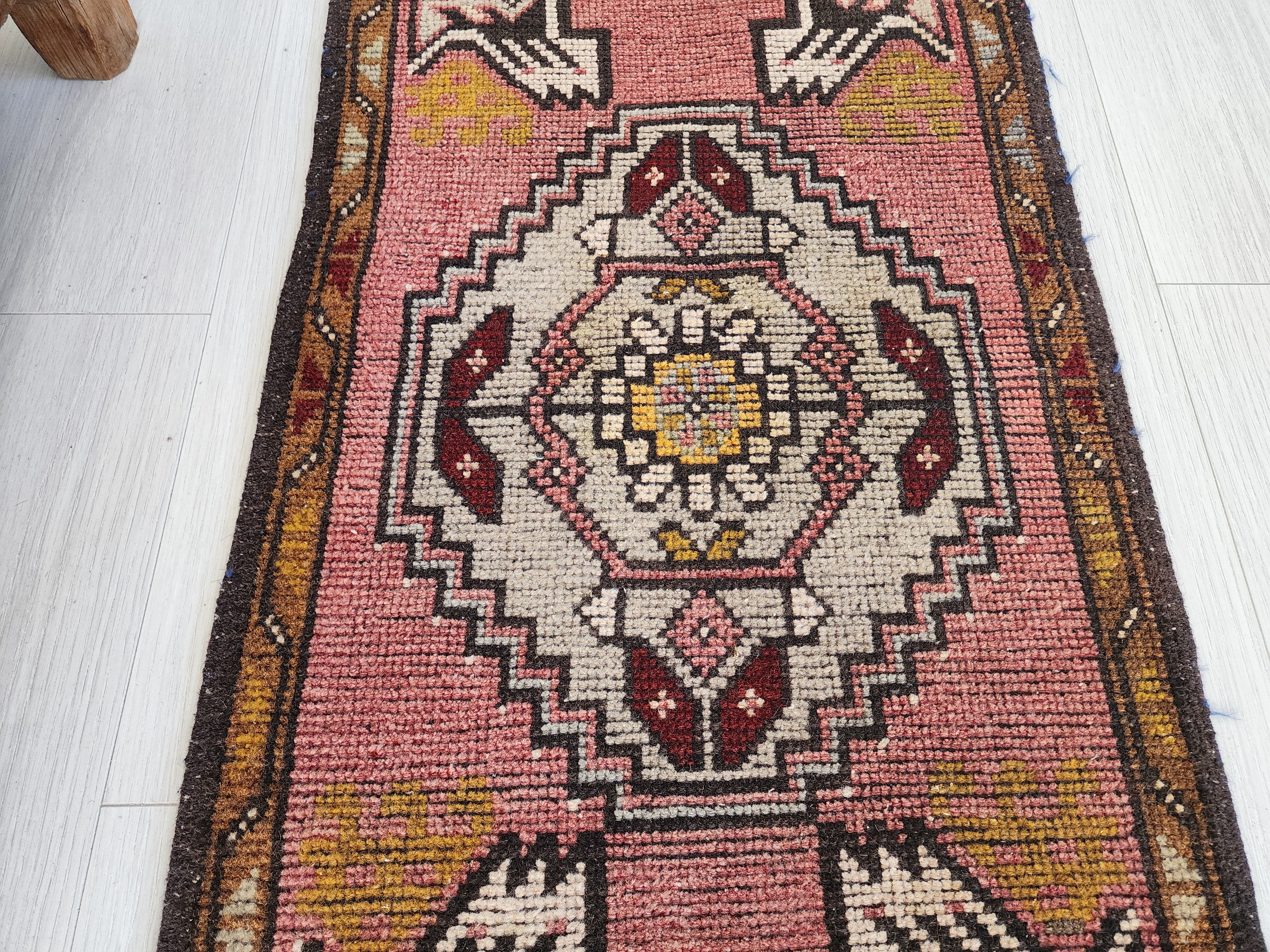 Vintage Turkish Small Rug, 3 ft 3 in x 1 ft 6 in, Pink, Blue/Grey and Beige Faded Distressed Antique Style Mat