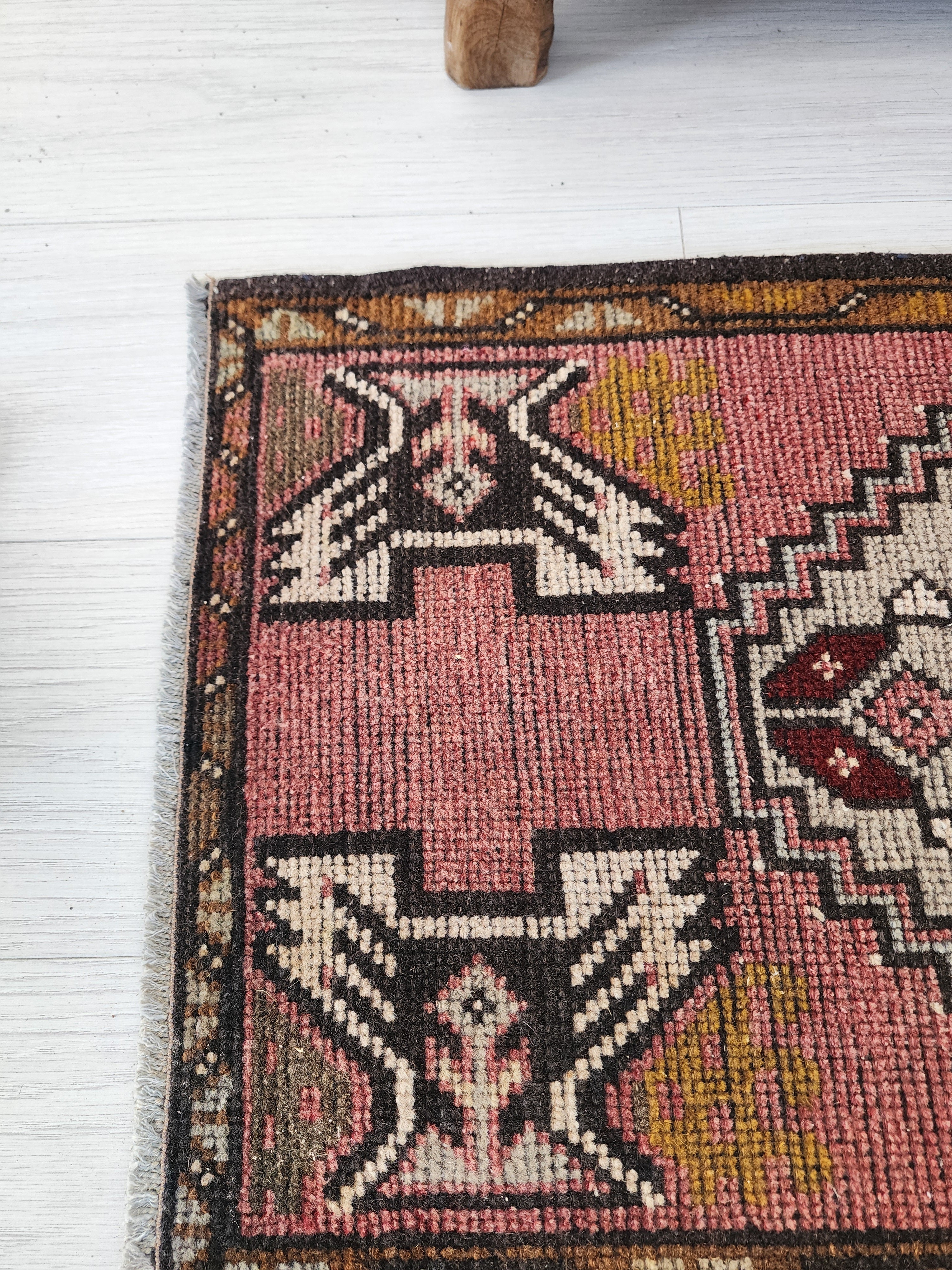Vintage Turkish Small Rug, 3 ft 3 in x 1 ft 6 in, Pink, Blue/Grey and Beige Faded Distressed Antique Style Mat