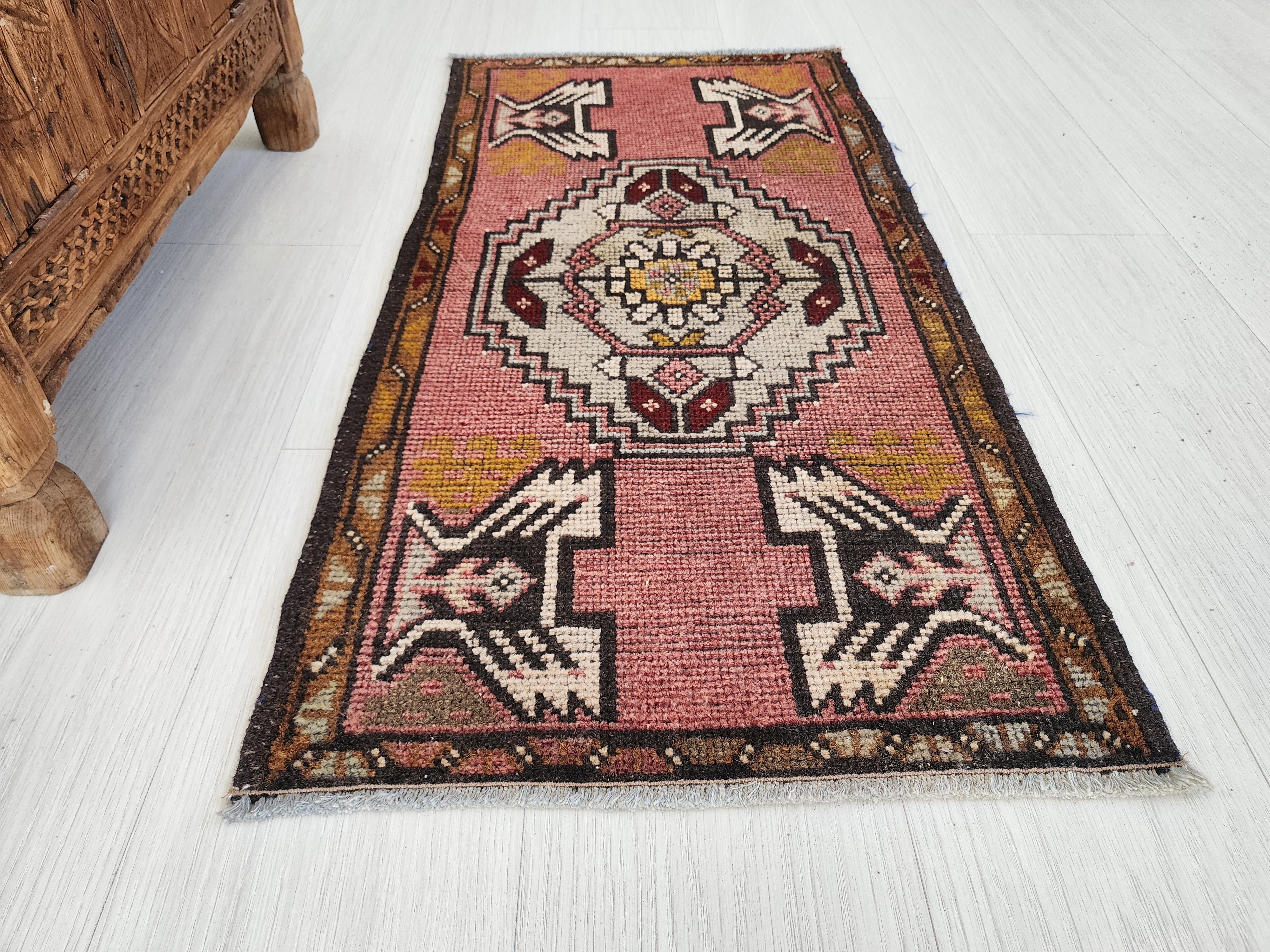 Vintage Turkish Small Rug, 3 ft 3 in x 1 ft 6 in, Pink, Blue/Grey and Beige Faded Distressed Antique Style Mat