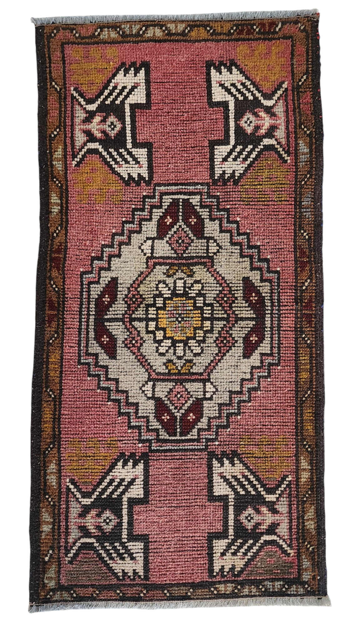 Vintage Turkish Small Rug, 3 ft 3 in x 1 ft 6 in, Pink, Blue/Grey and Beige Faded Distressed Antique Style Mat