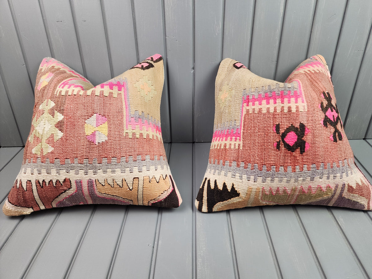 Vintage Turkish kilim pillow covers, set of 2, pink, 16x16 in, pair, front view