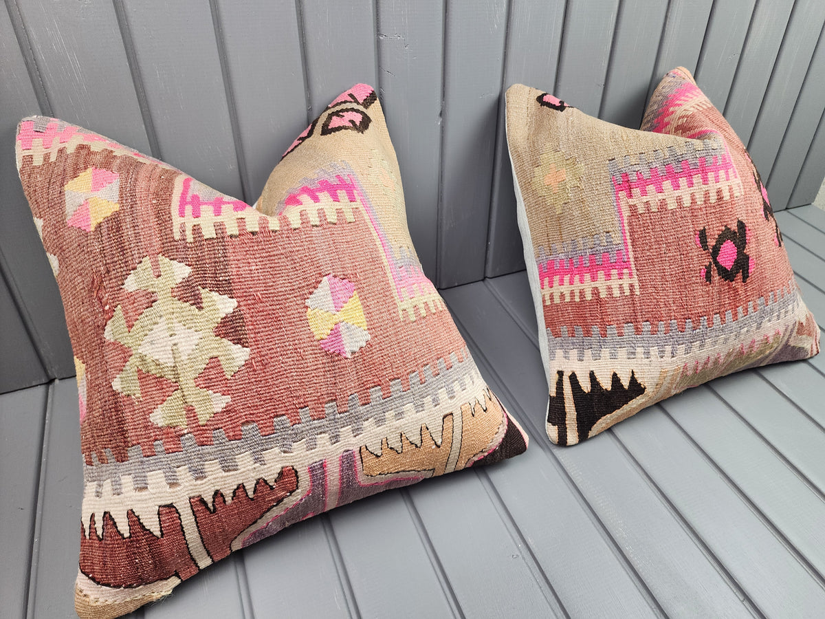 Vintage Turkish kilim pillow covers, set of 2, pink, 16x16 in, pair, angled view