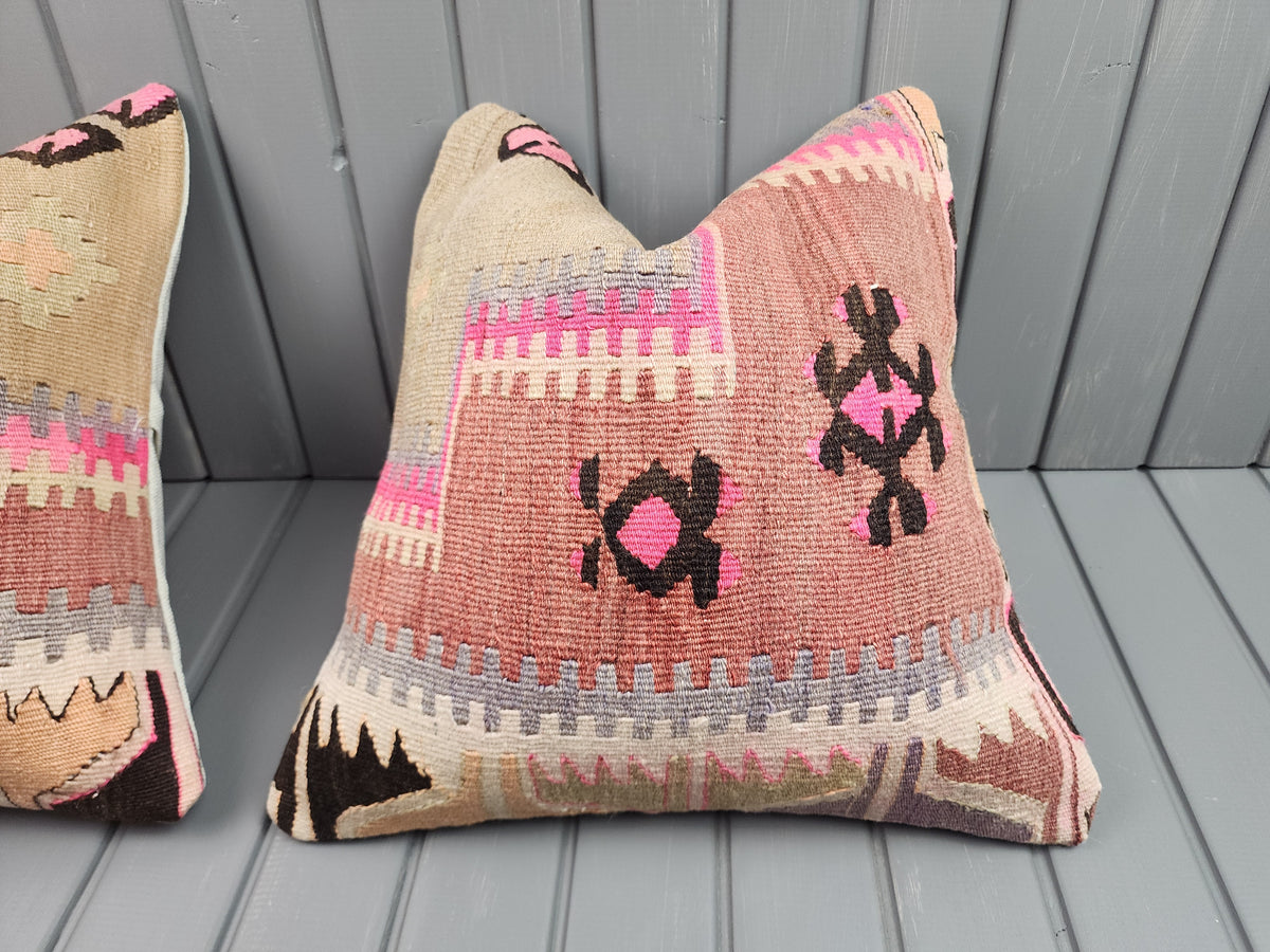 Vintage Turkish kilim pillow covers, set of 2, pink, 16x16 in, single cover close-up
