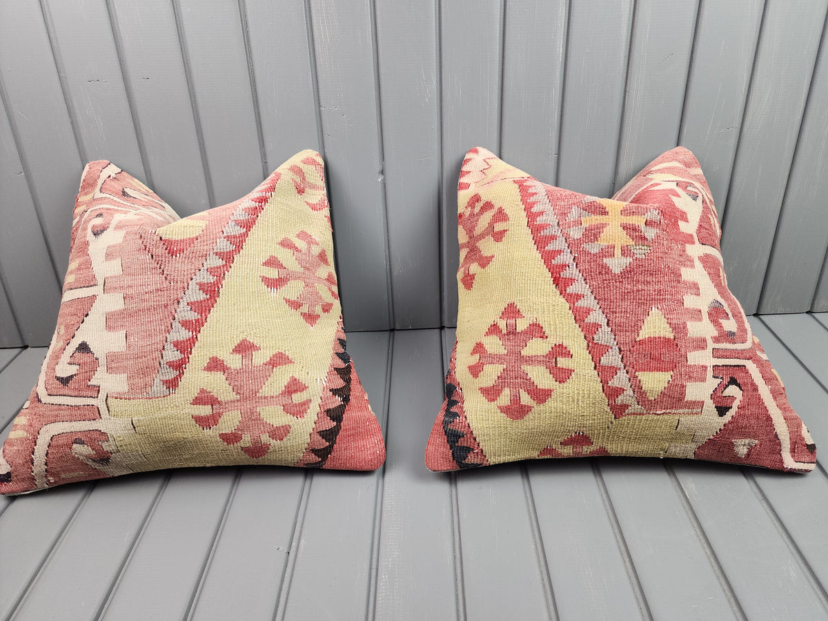 Vintage Turkish kilim pillow covers, set of 2, pink and yellow, 16x16 in, pair, front view