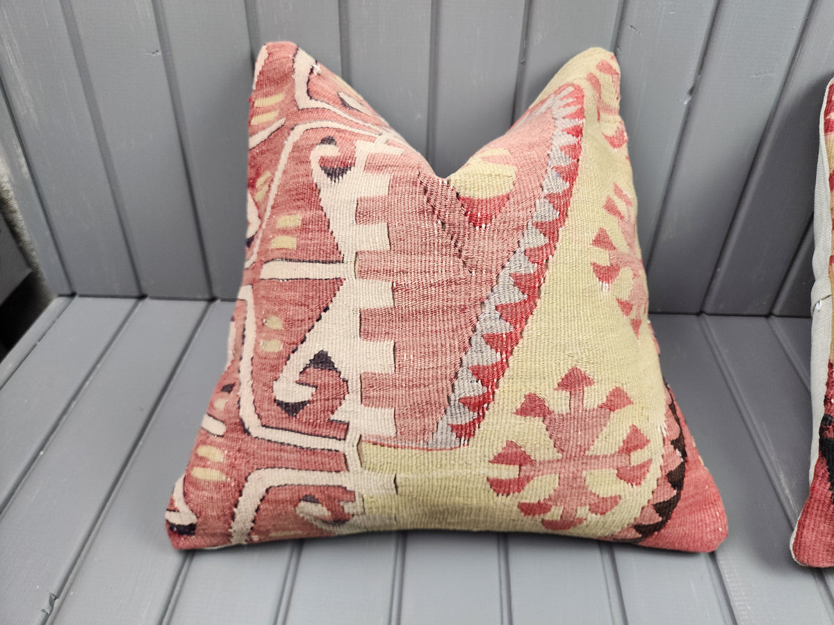 Vintage Turkish kilim pillow covers, set of 2, pink and yellow, 16x16 in, single cover close-up