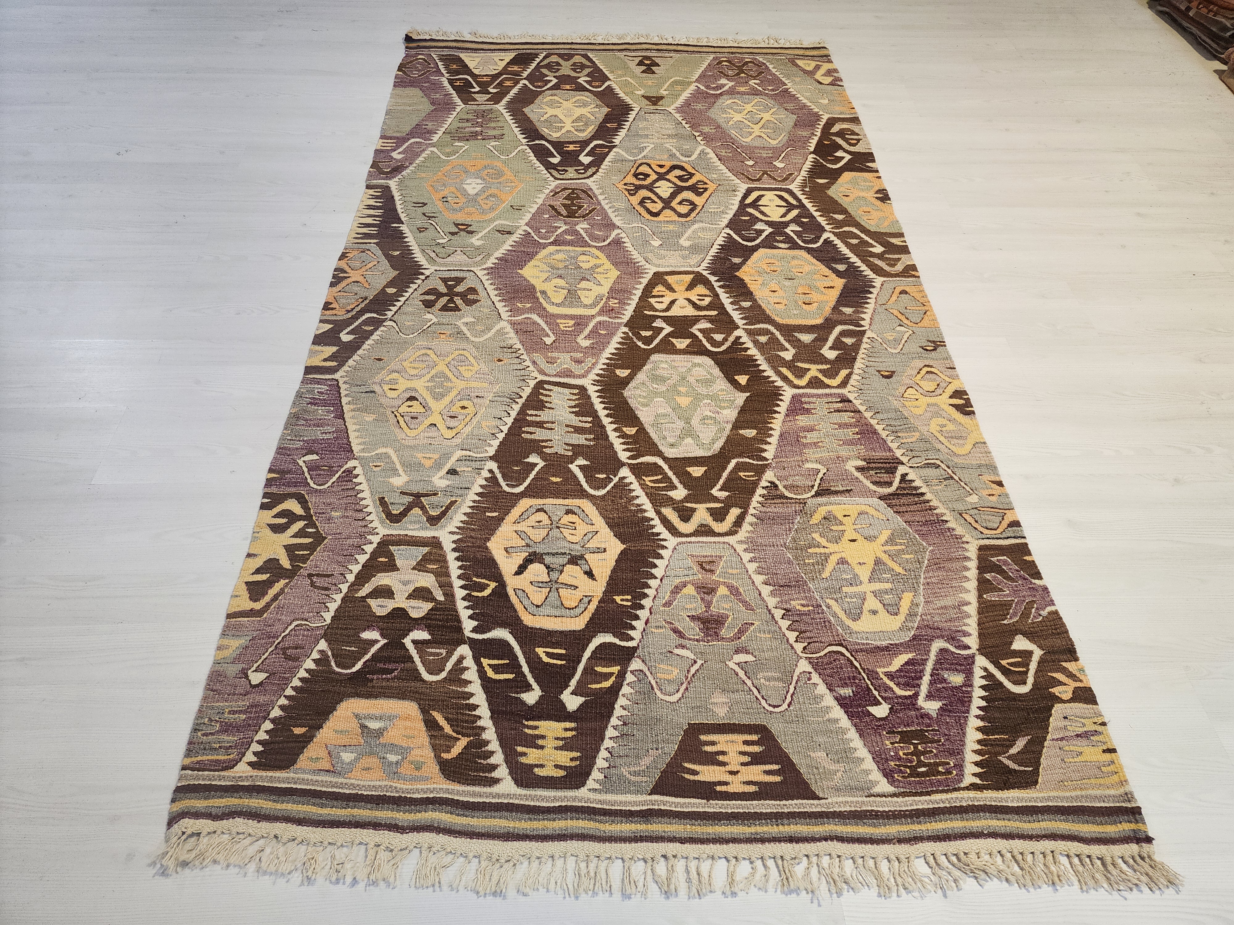 Vintage Turkish Kilim Rug, Geometric Diamond Flatweave Wool, Muted Lavender Sage Green Tribal