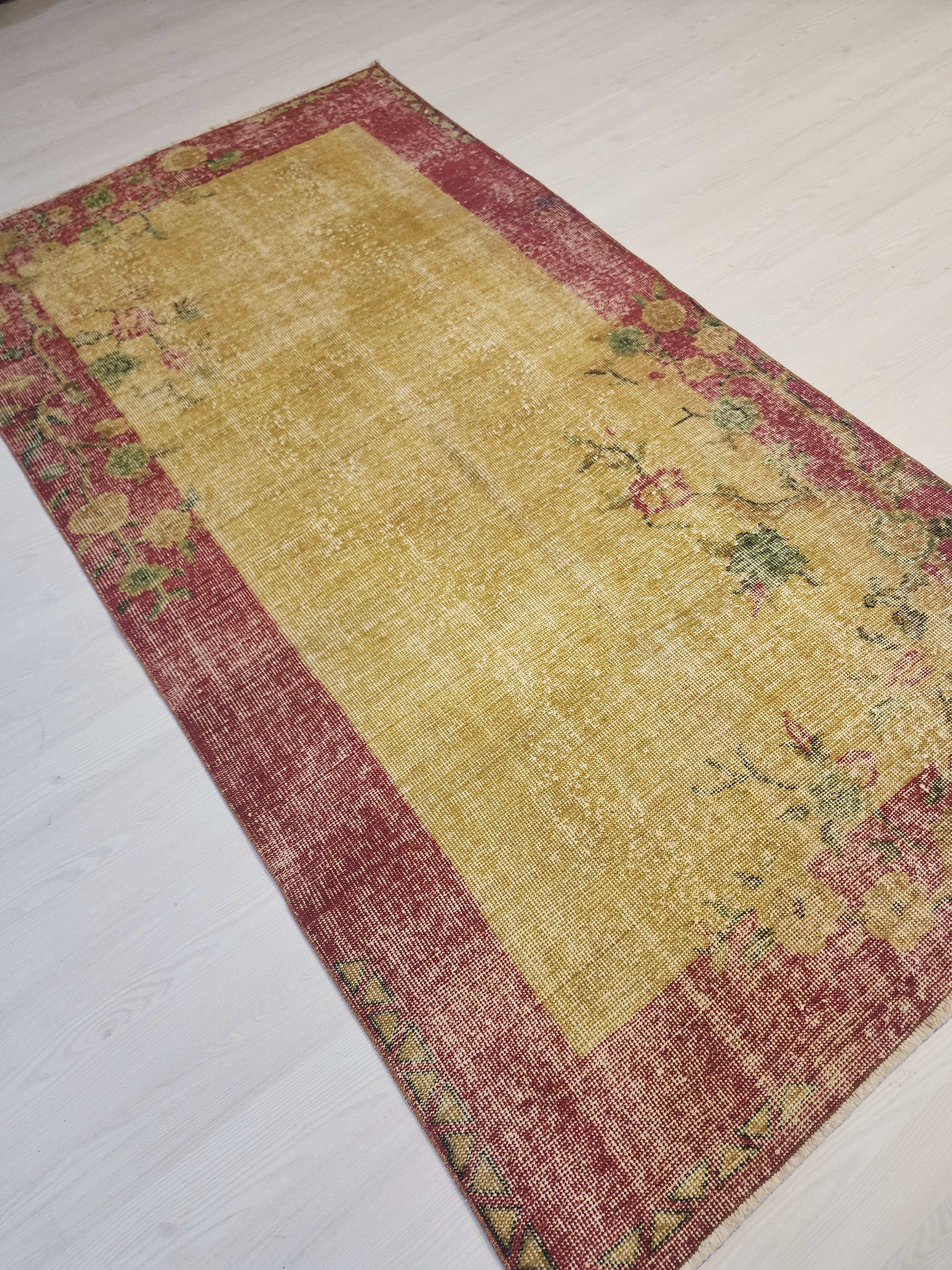 Vintage Turkish Wool Rug, Mustard Yellow Red Floral Border, Hand-Knotted Anatolian Area Rug
