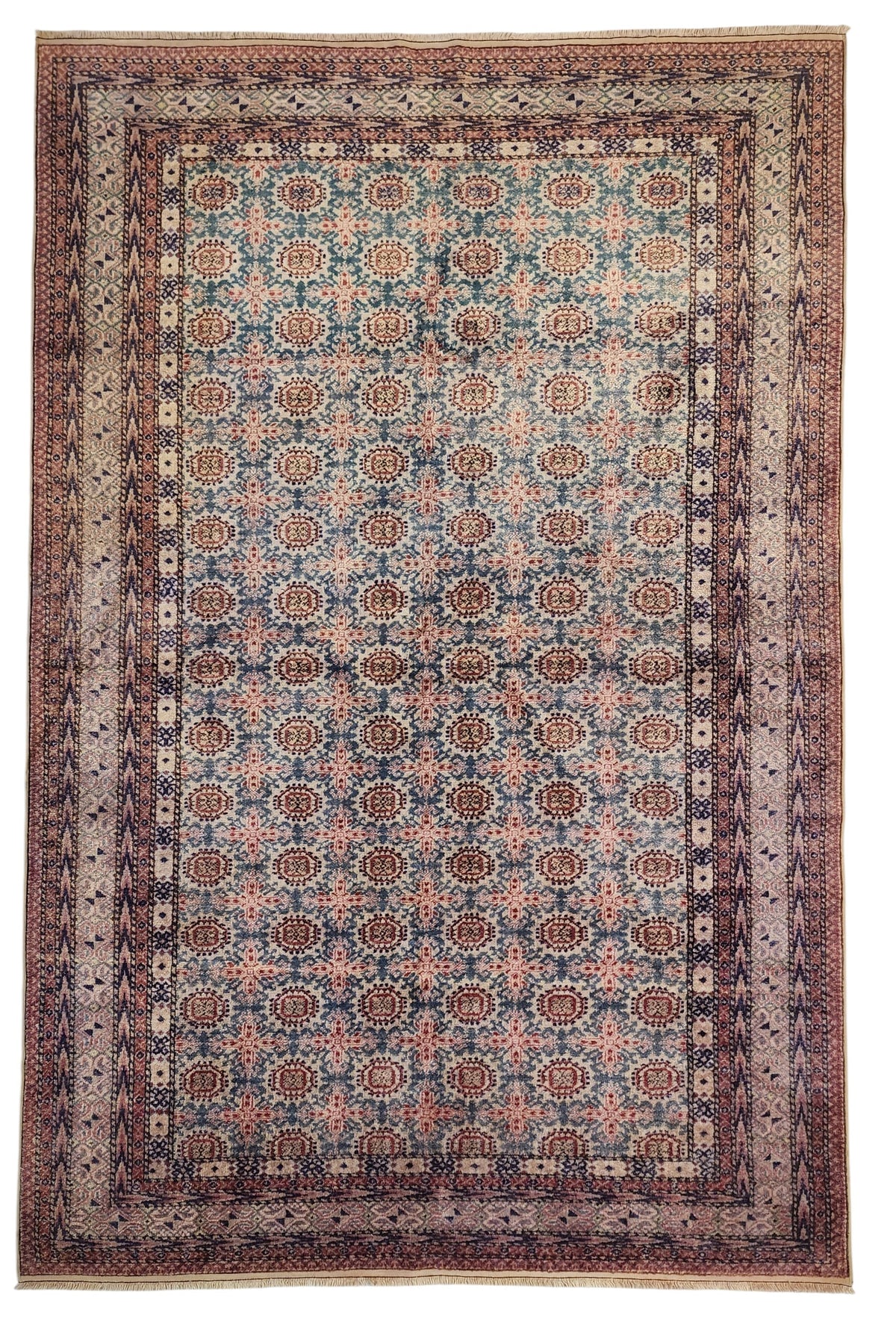Vintage Anatolian Wool Rug – Muted Blue Terracotta Geometric Pattern (5' x 7'4")