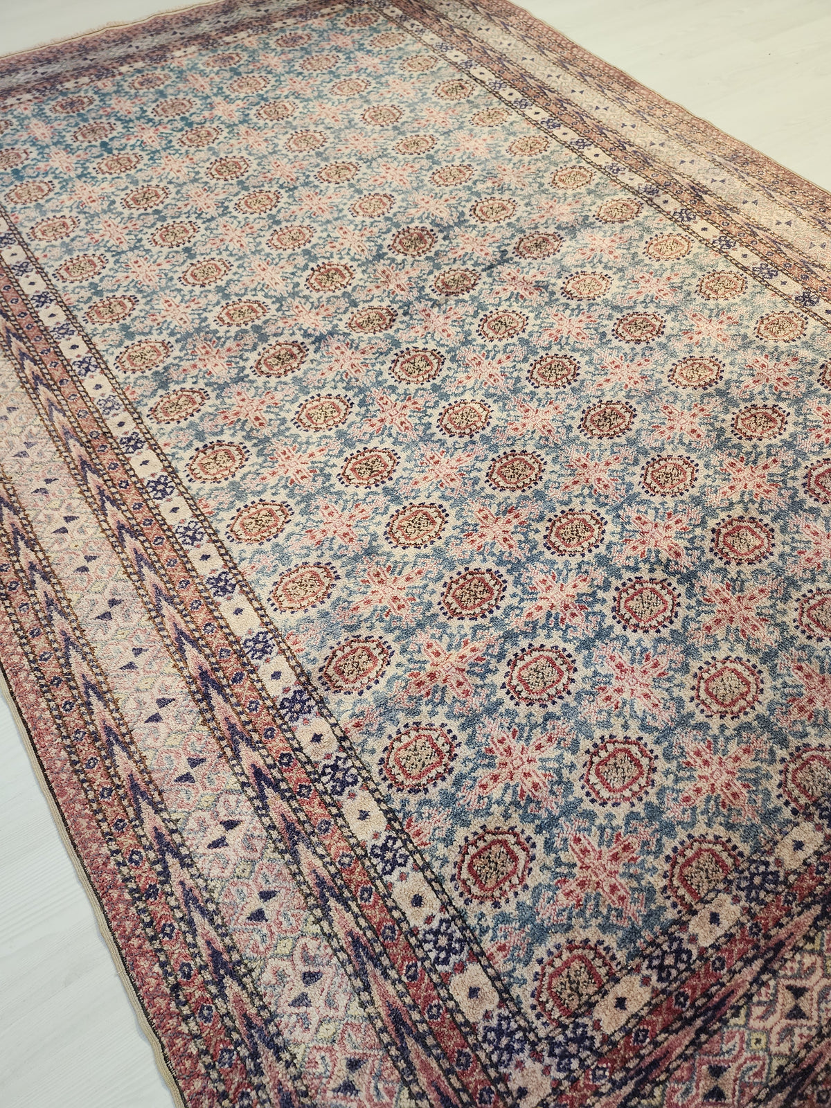 Vintage Anatolian Wool Rug – Muted Blue Terracotta Geometric Pattern (5' x 7'4")
