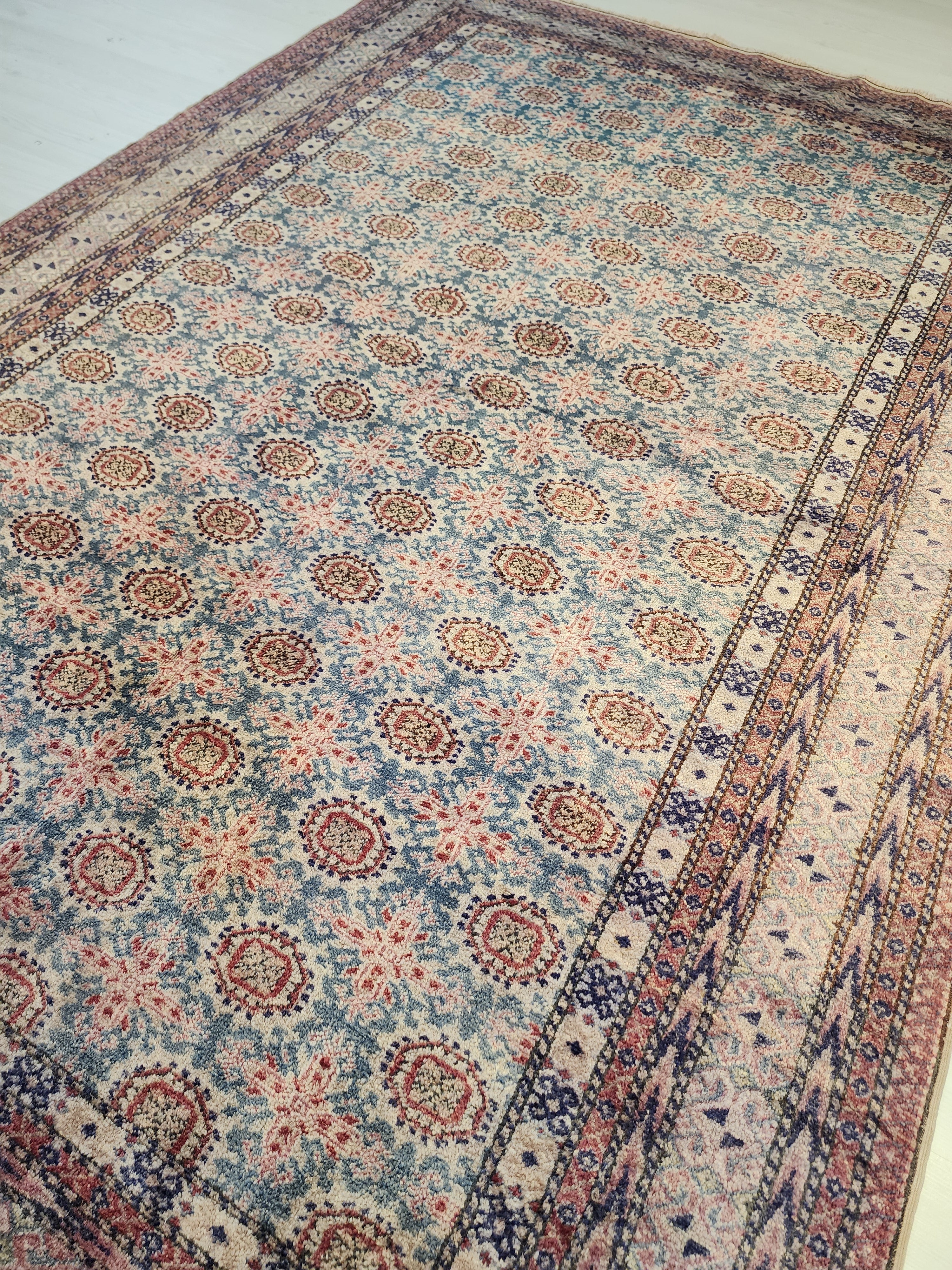 Vintage Anatolian Wool Rug – Muted Blue Terracotta Geometric Pattern (5' x 7'4")
