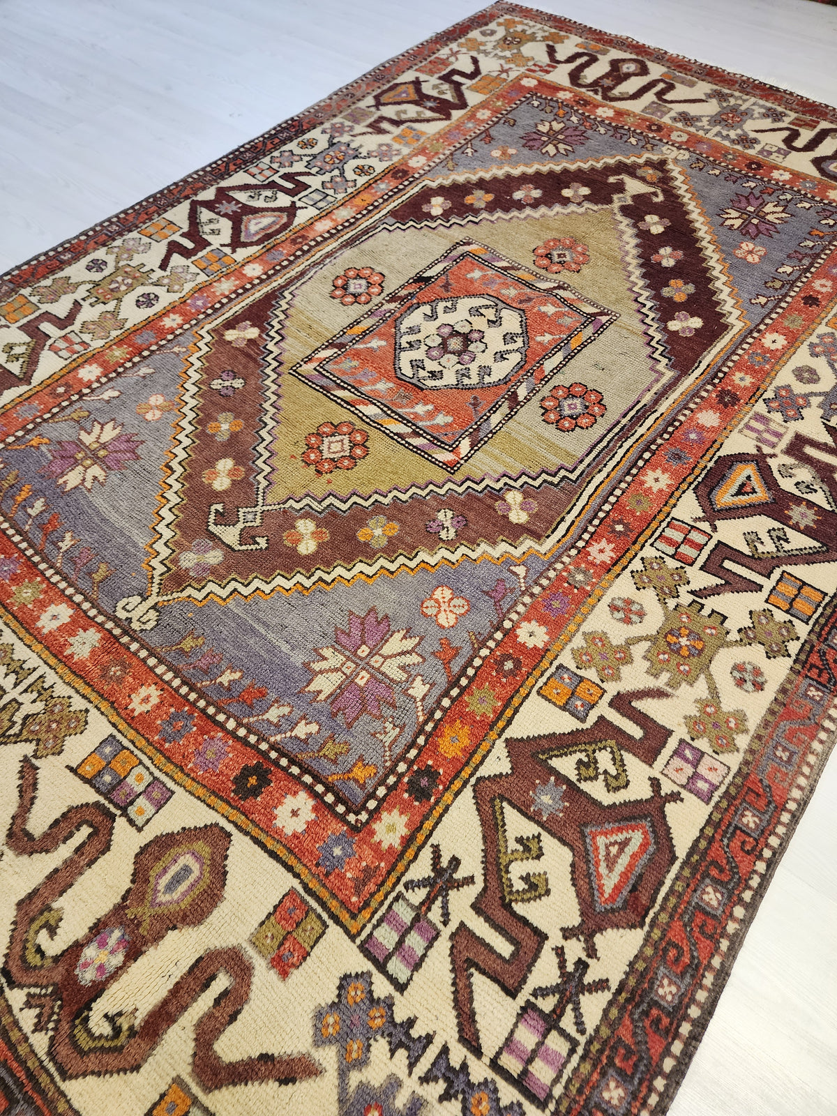 Vintage Anatolian Diamond Medallion Rug, Tribal Geometric Area Carpet, Muted Blue Lavender Red Wool Rug