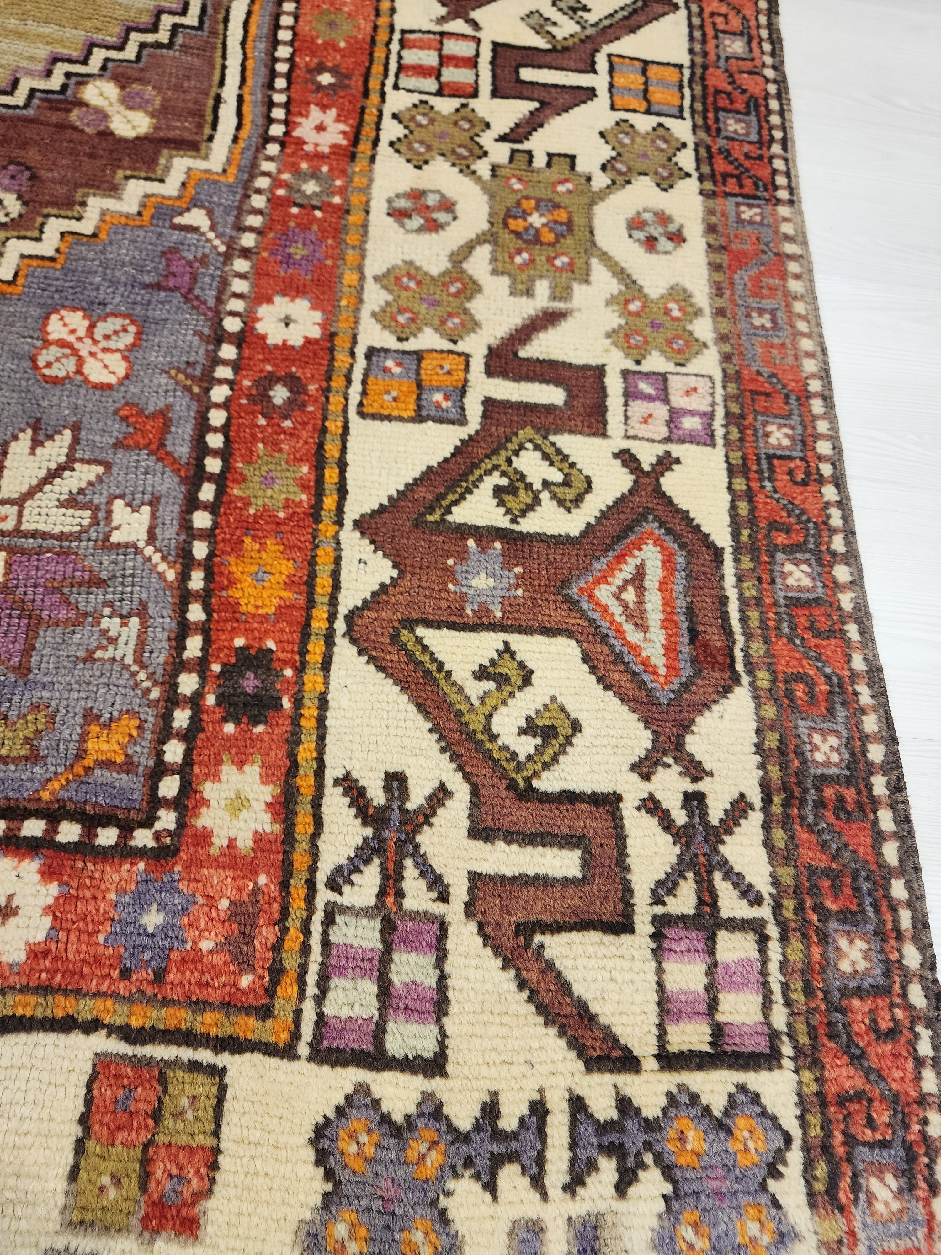 Vintage Anatolian Diamond Medallion Rug, Tribal Geometric Area Carpet, Muted Blue Lavender Red Wool Rug