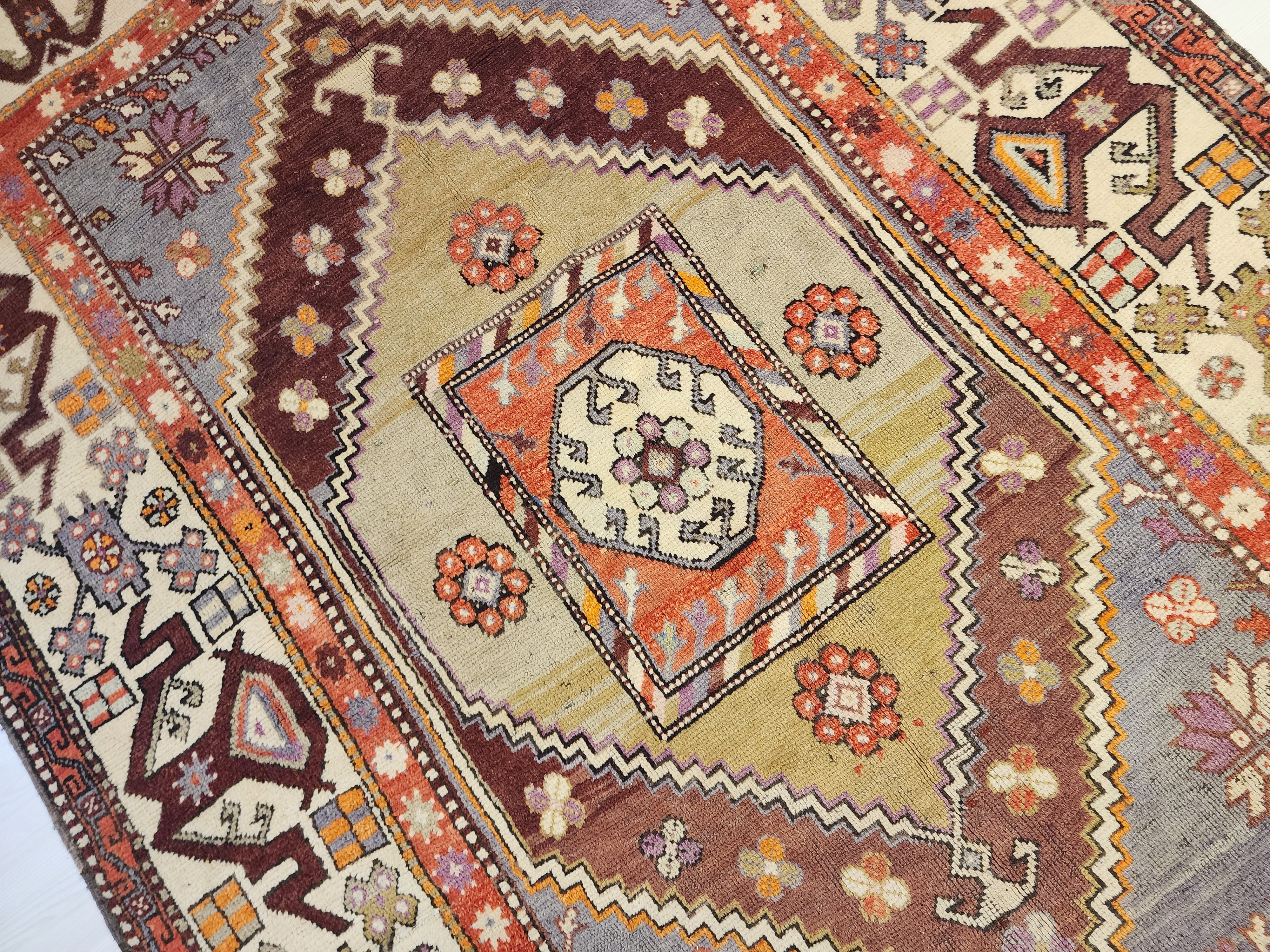 Vintage Anatolian Diamond Medallion Rug, Tribal Geometric Area Carpet, Muted Blue Lavender Red Wool Rug