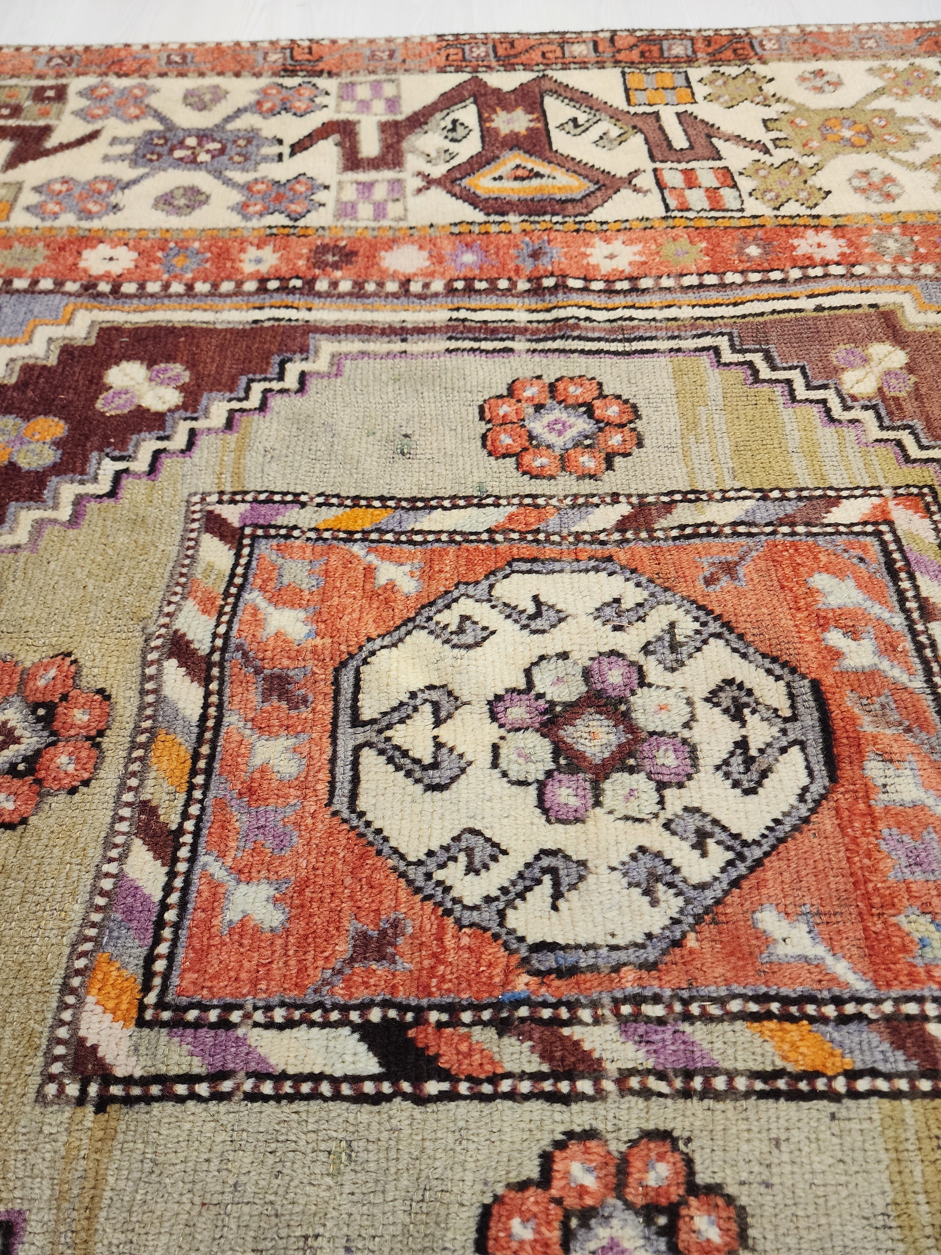 Vintage Anatolian Diamond Medallion Rug, Tribal Geometric Area Carpet, Muted Blue Lavender Red Wool Rug