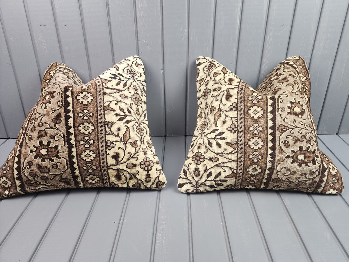 Vintage Turkish rug pillow covers, set of 2, ivory and brown, 16x16 in, pair, front view
