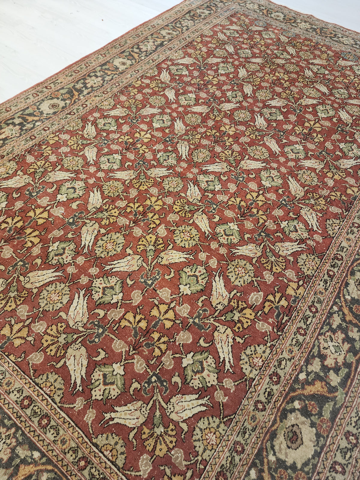 Vintage Hand-Knotted Hereke Tulip Rug, Red Floral Anatolian Carpet (5' x 7'7")