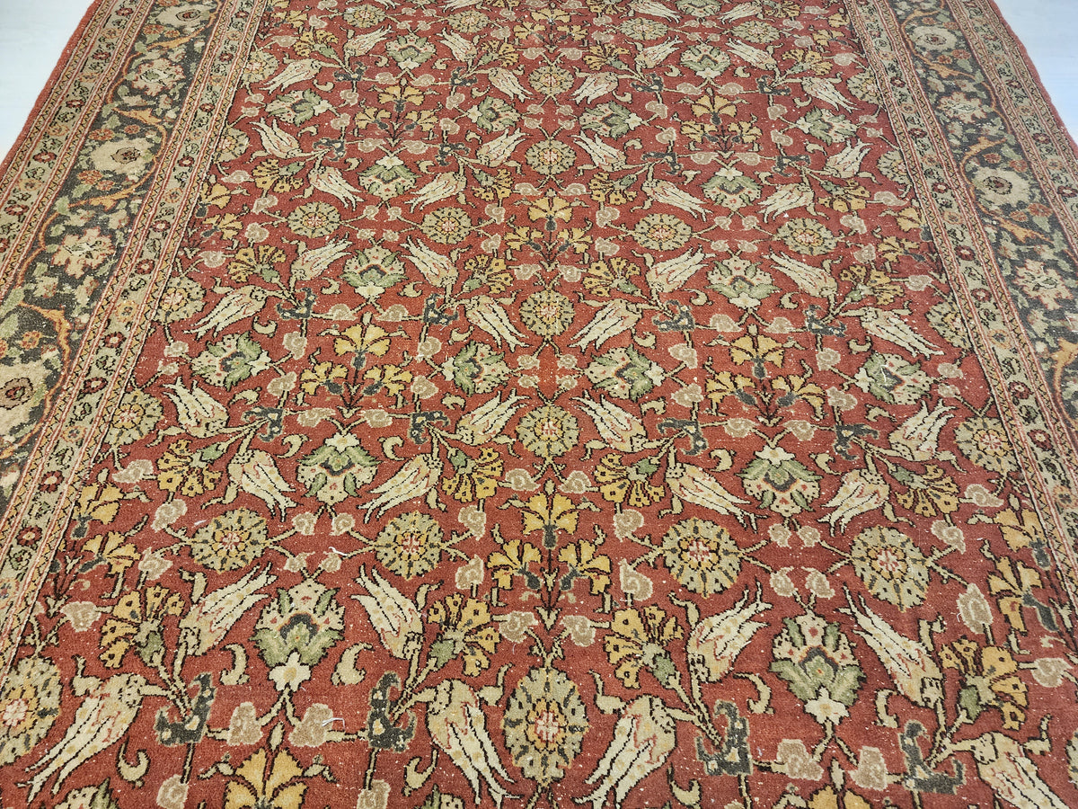 Vintage Hand-Knotted Hereke Tulip Rug, Red Floral Anatolian Carpet (5' x 7'7")