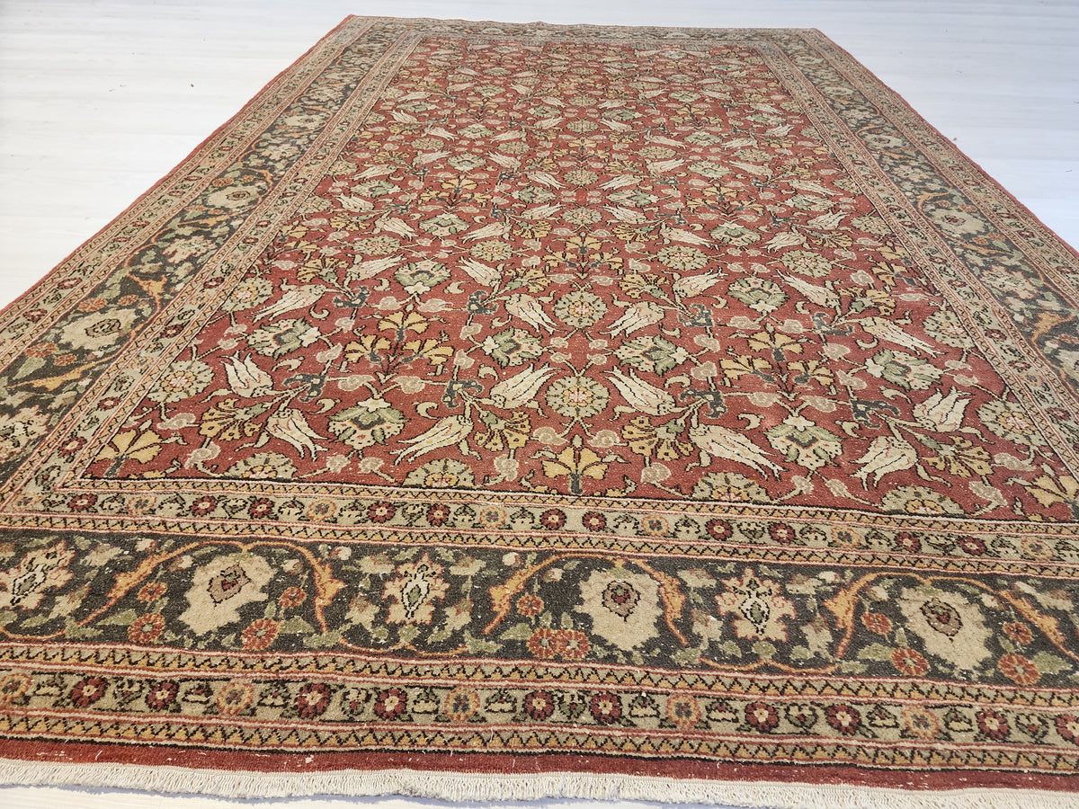 Vintage Hand-Knotted Hereke Tulip Rug, Red Floral Anatolian Carpet (5' x 7'7")