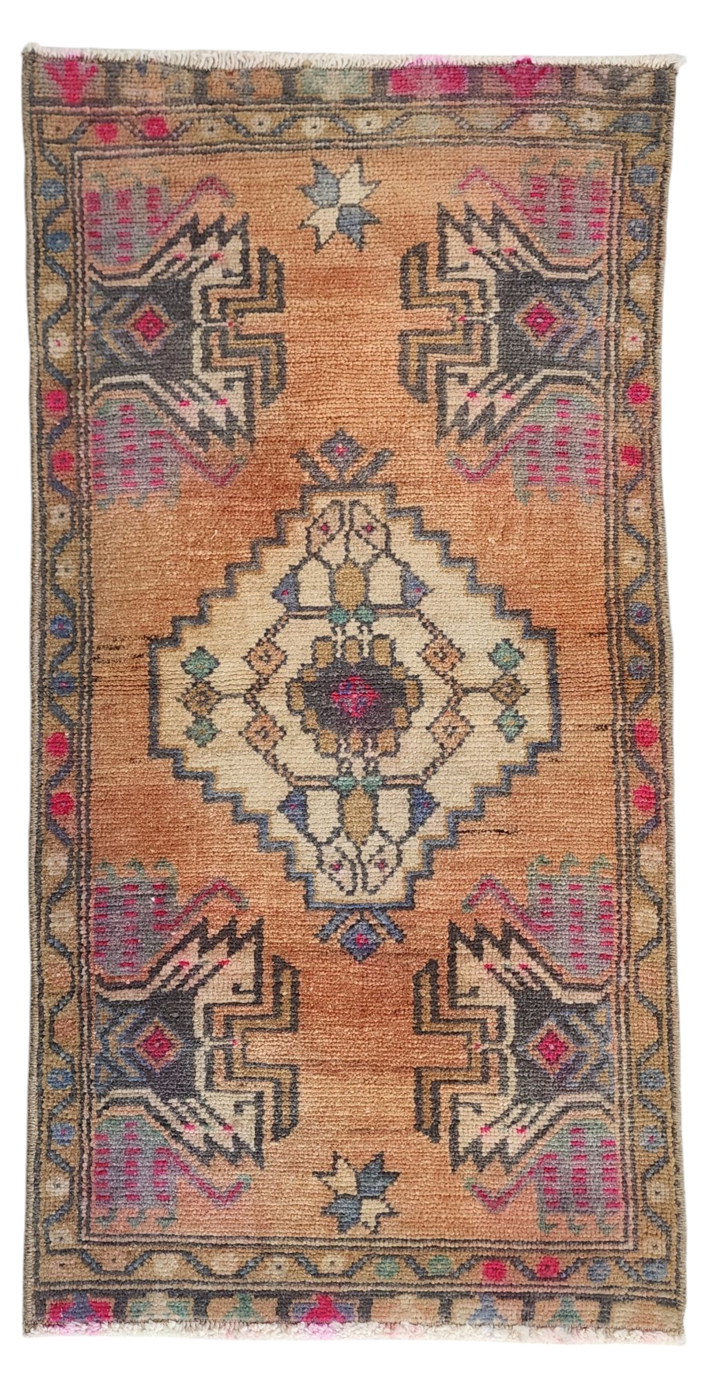 Small Turkish Rug 2 ft 9 in x 1 ft 5 in, Pink and Grey Vintage Doormat Entry or Bedside Rug