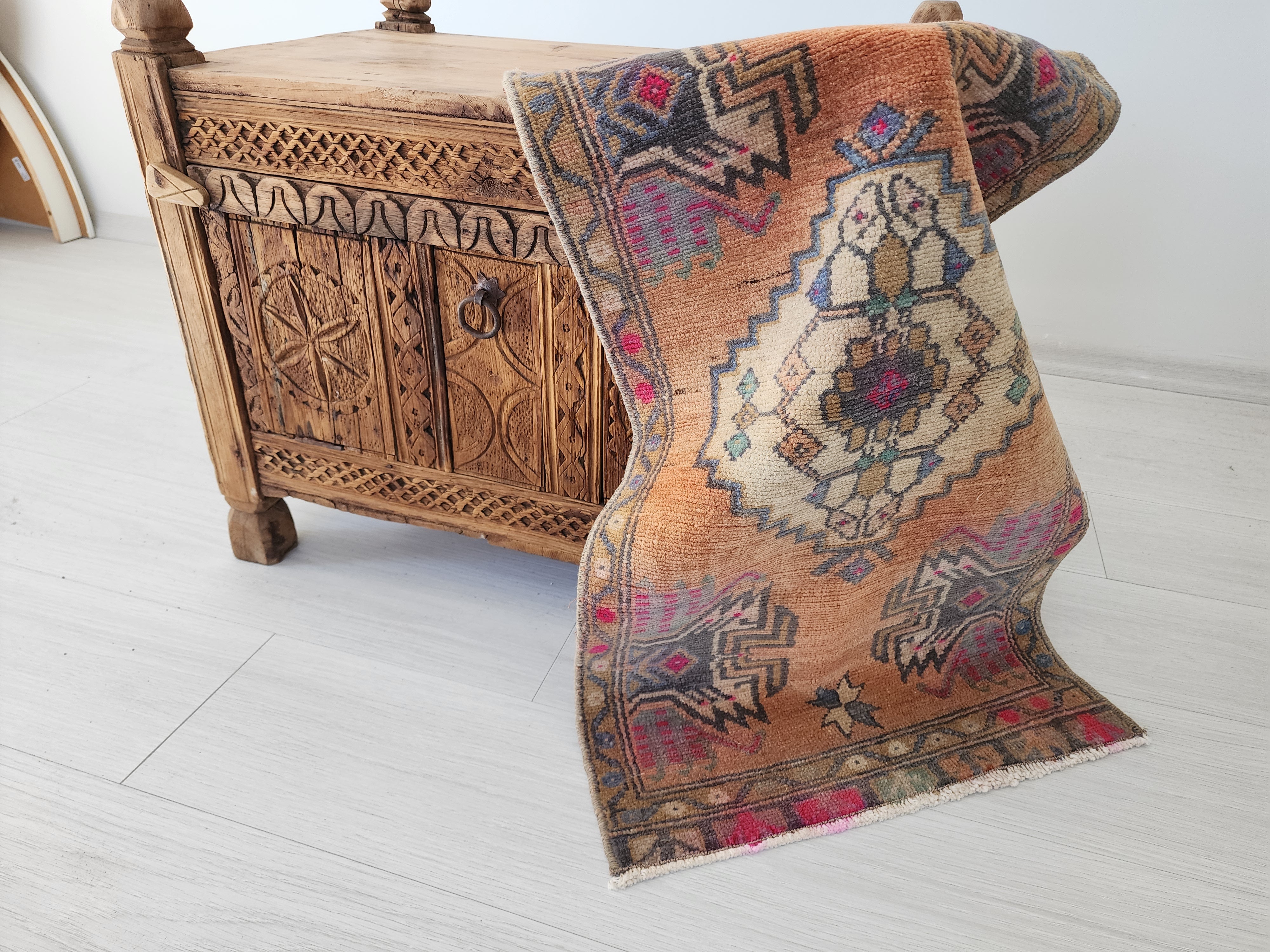 Small Turkish Rug 2 ft 9 in x 1 ft 5 in, Pink and Grey Vintage Doormat Entry or Bedside Rug