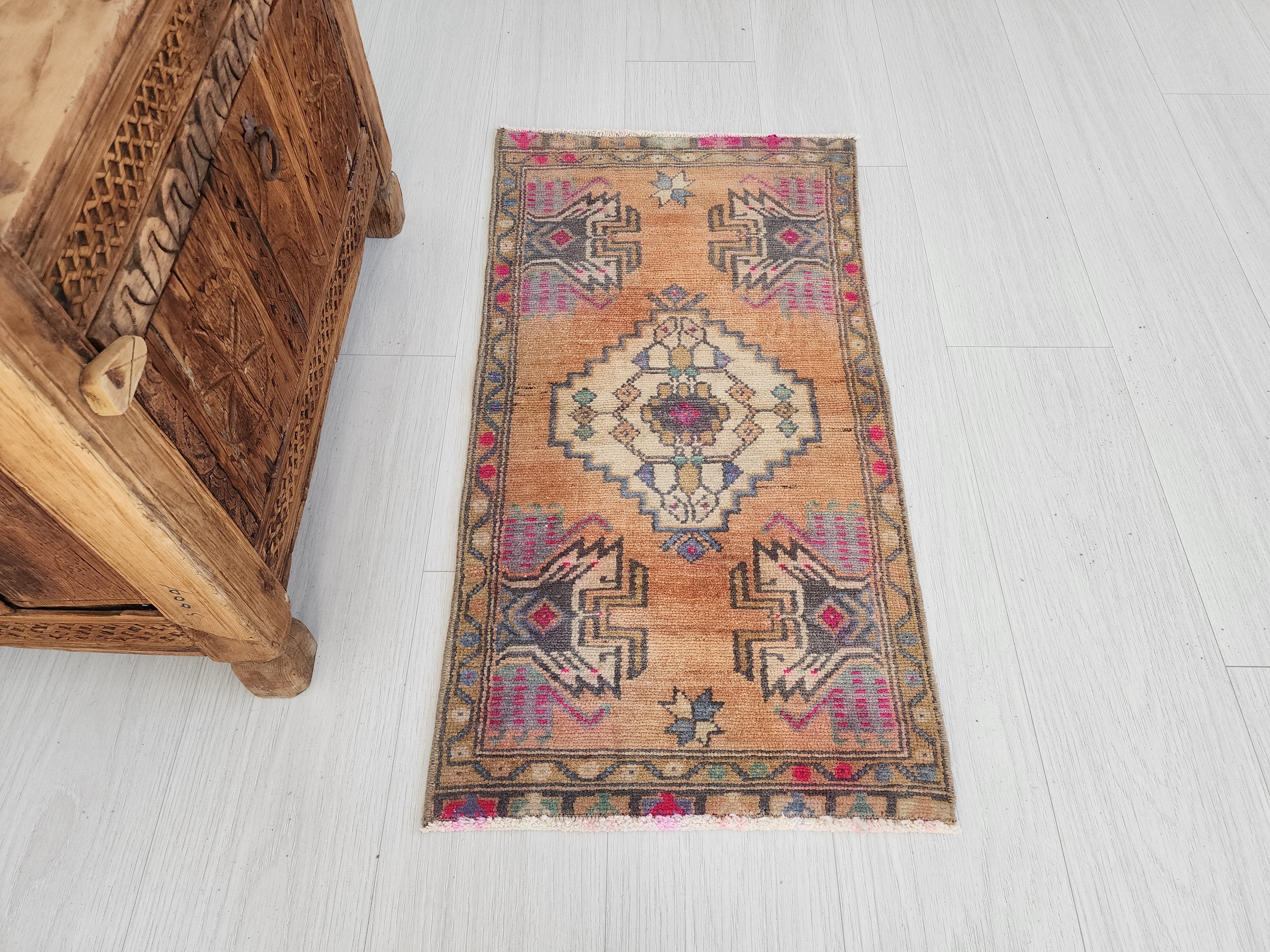 Small Turkish Rug 2 ft 9 in x 1 ft 5 in, Pink and Grey Vintage Doormat Entry or Bedside Rug