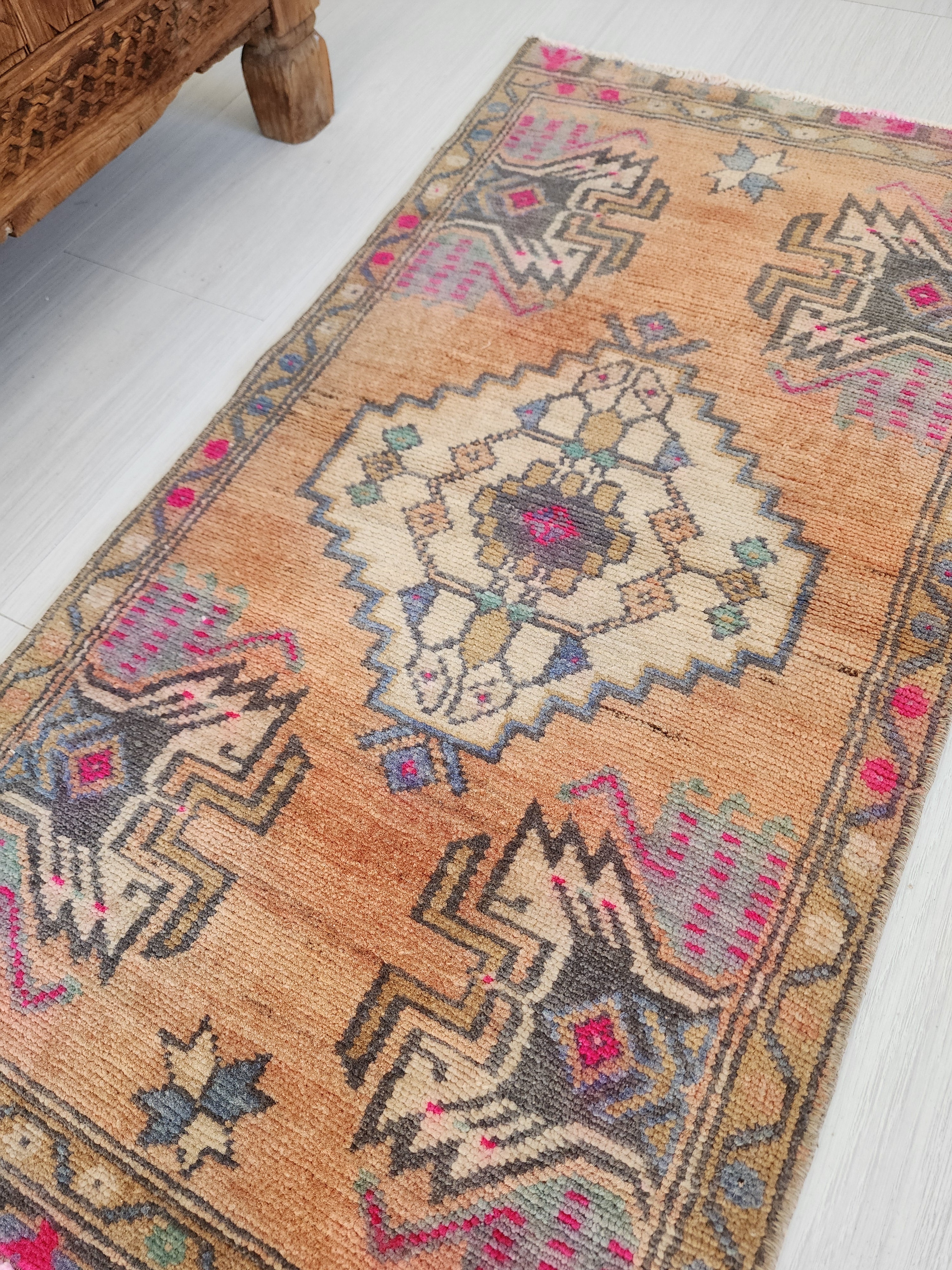 Small Turkish Rug 2 ft 9 in x 1 ft 5 in, Pink and Grey Vintage Doormat Entry or Bedside Rug