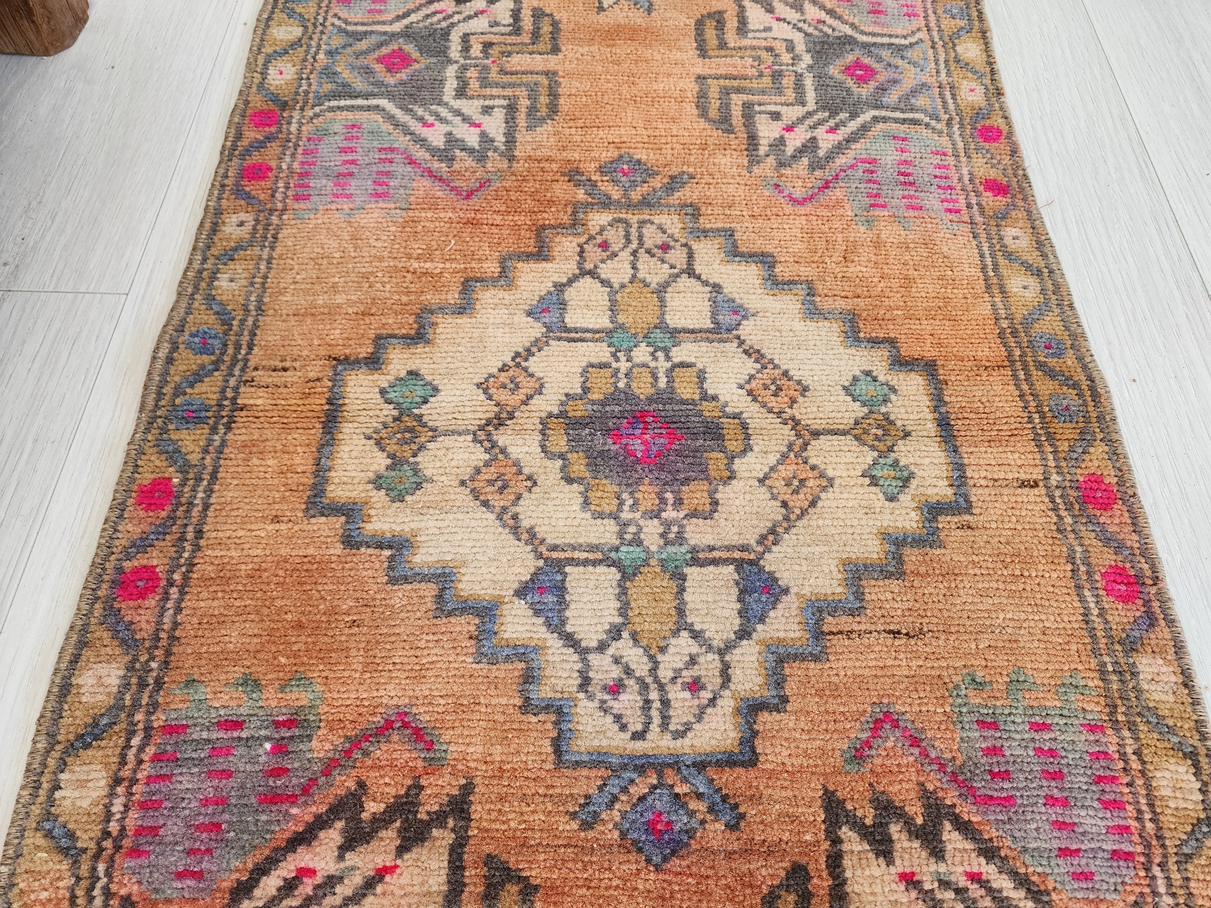 Small Turkish Rug 2 ft 9 in x 1 ft 5 in, Pink and Grey Vintage Doormat Entry or Bedside Rug