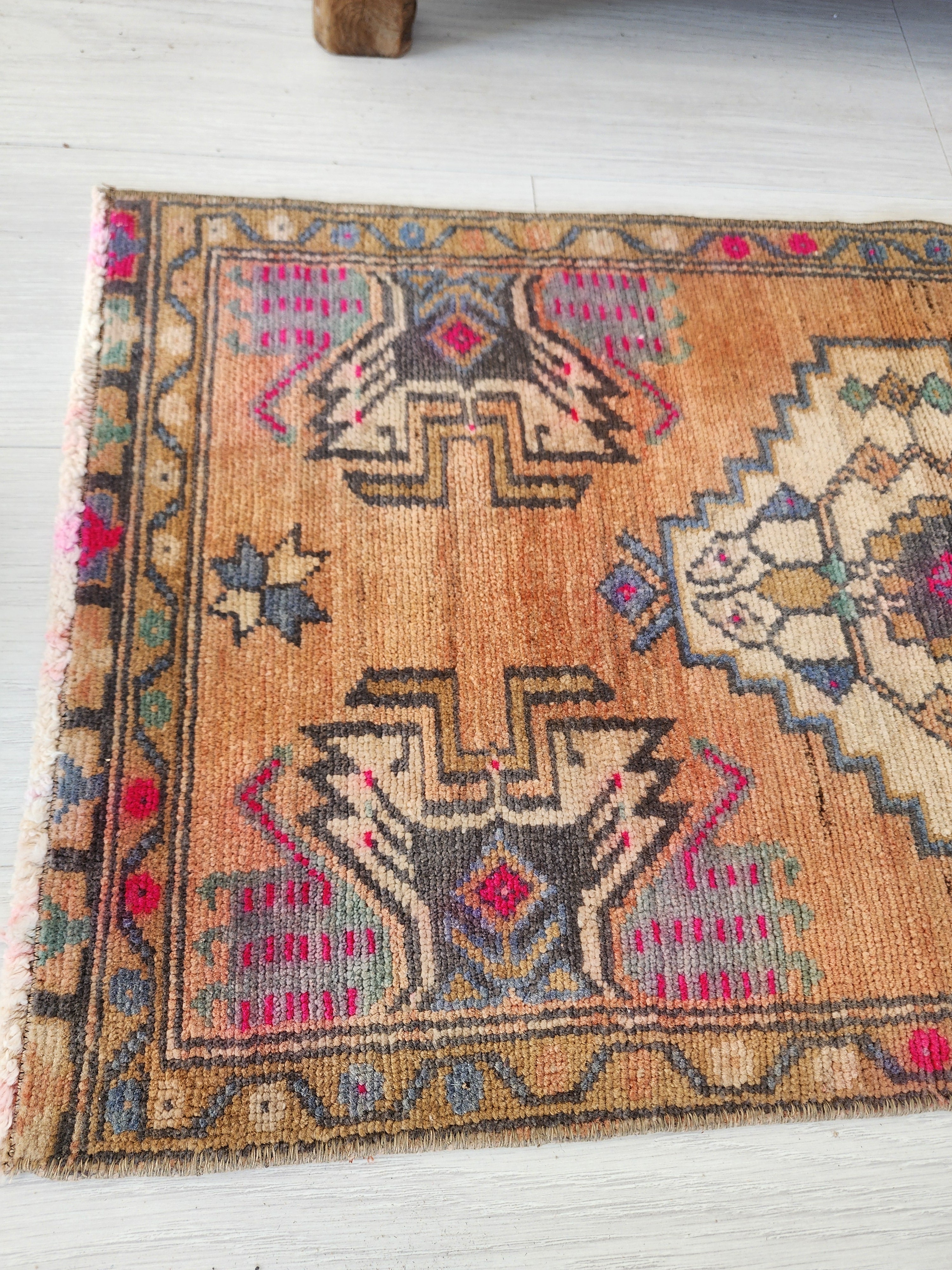 Small Turkish Rug 2 ft 9 in x 1 ft 5 in, Pink and Grey Vintage Doormat Entry or Bedside Rug