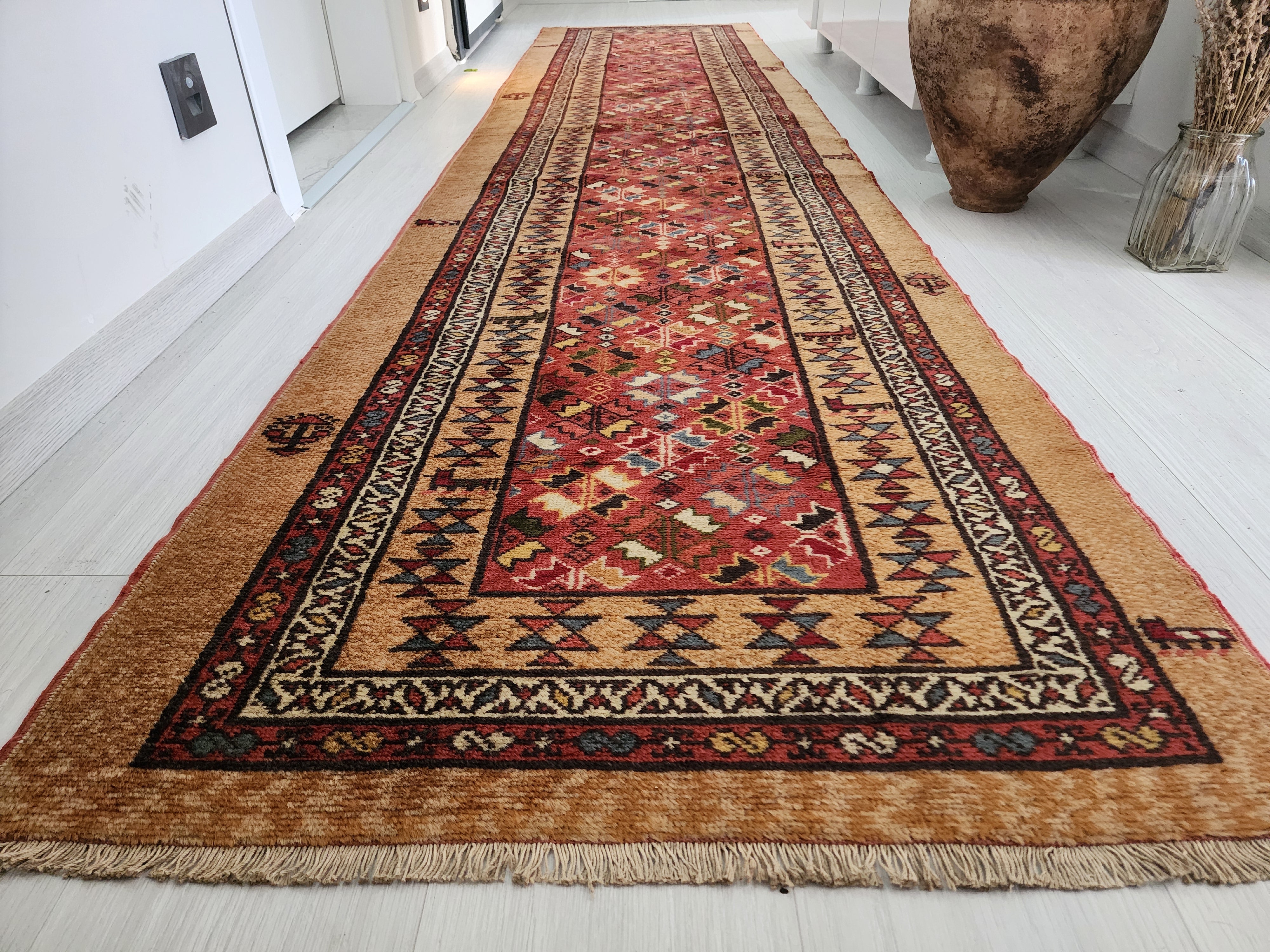 Vintage Camel Hair Runner Rug, 11x3 ft, Handmade Wool Hallway Rug