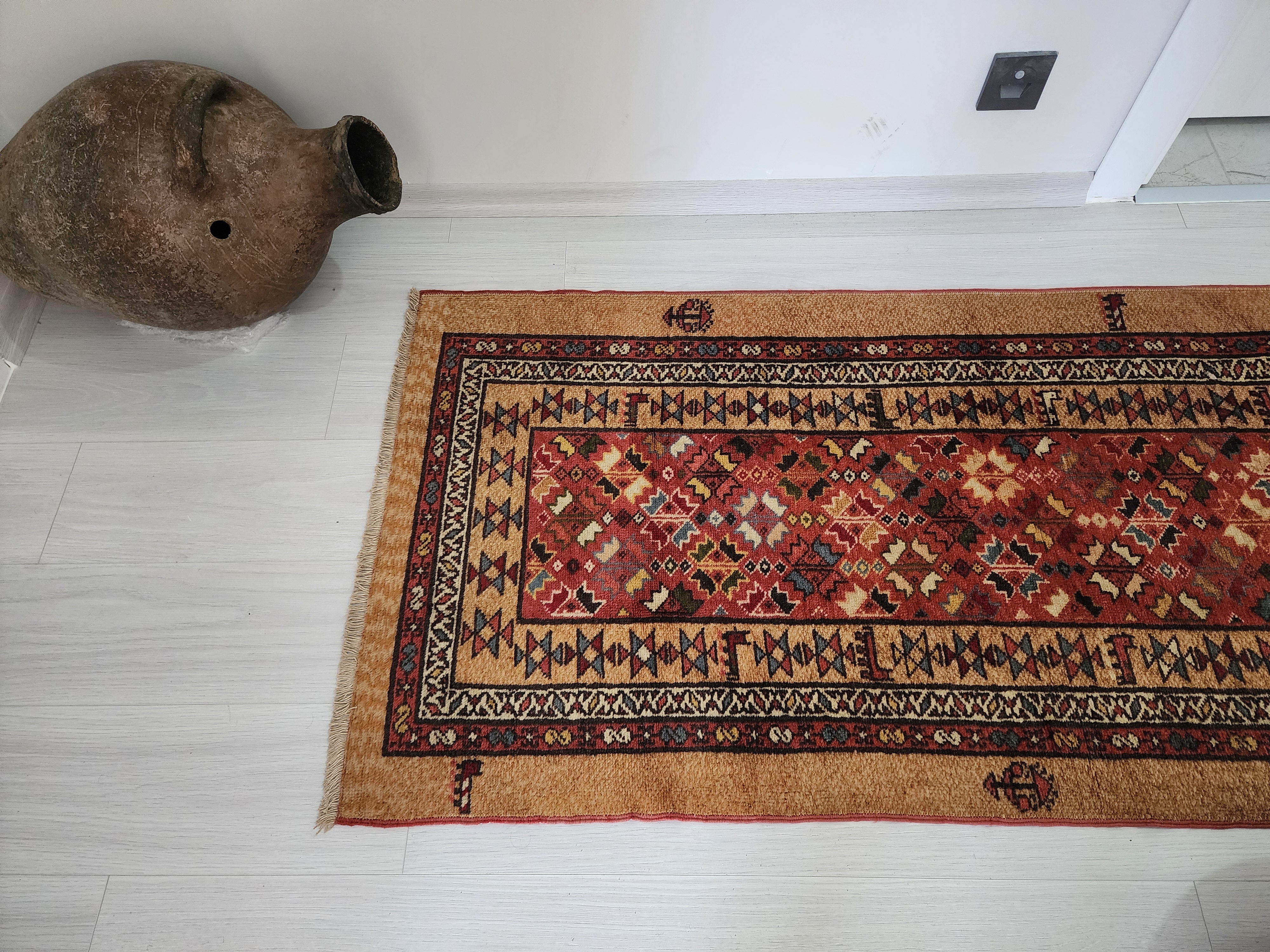 Vintage Camel Hair Runner Rug, 11x3 ft, Handmade Wool Hallway Rug