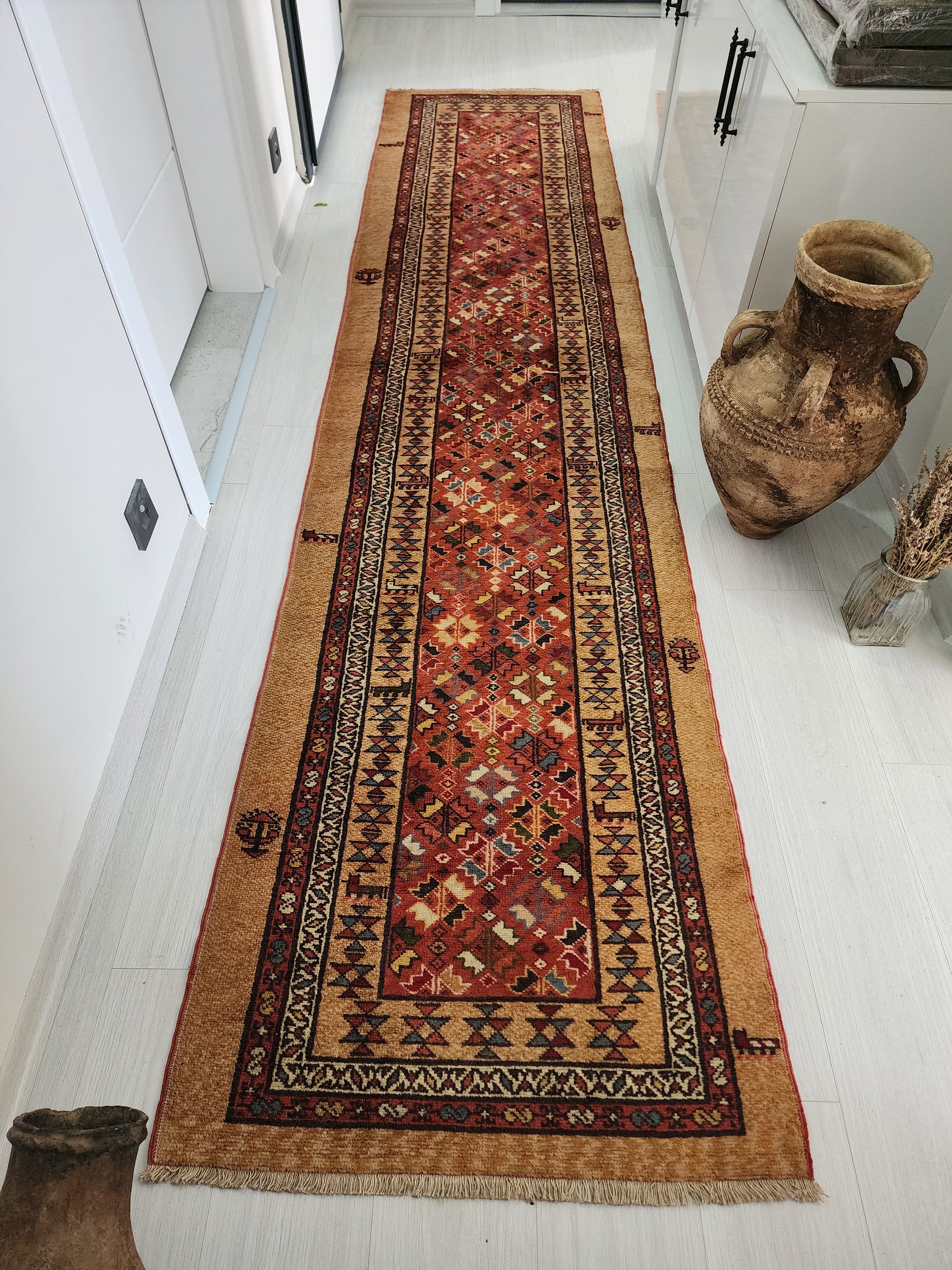 Vintage Camel Hair Runner Rug, 11x3 ft, Handmade Wool Hallway Rug