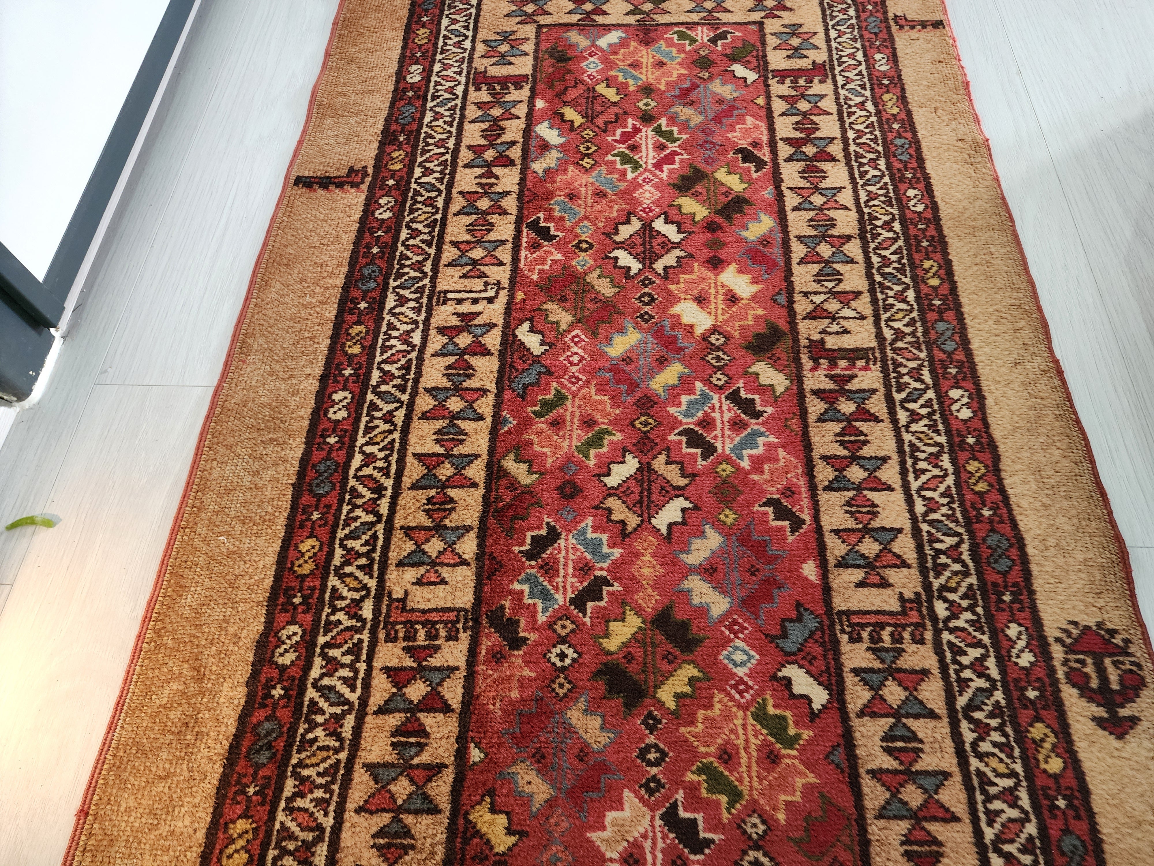Vintage Camel Hair Runner Rug, 11x3 ft, Handmade Wool Hallway Rug