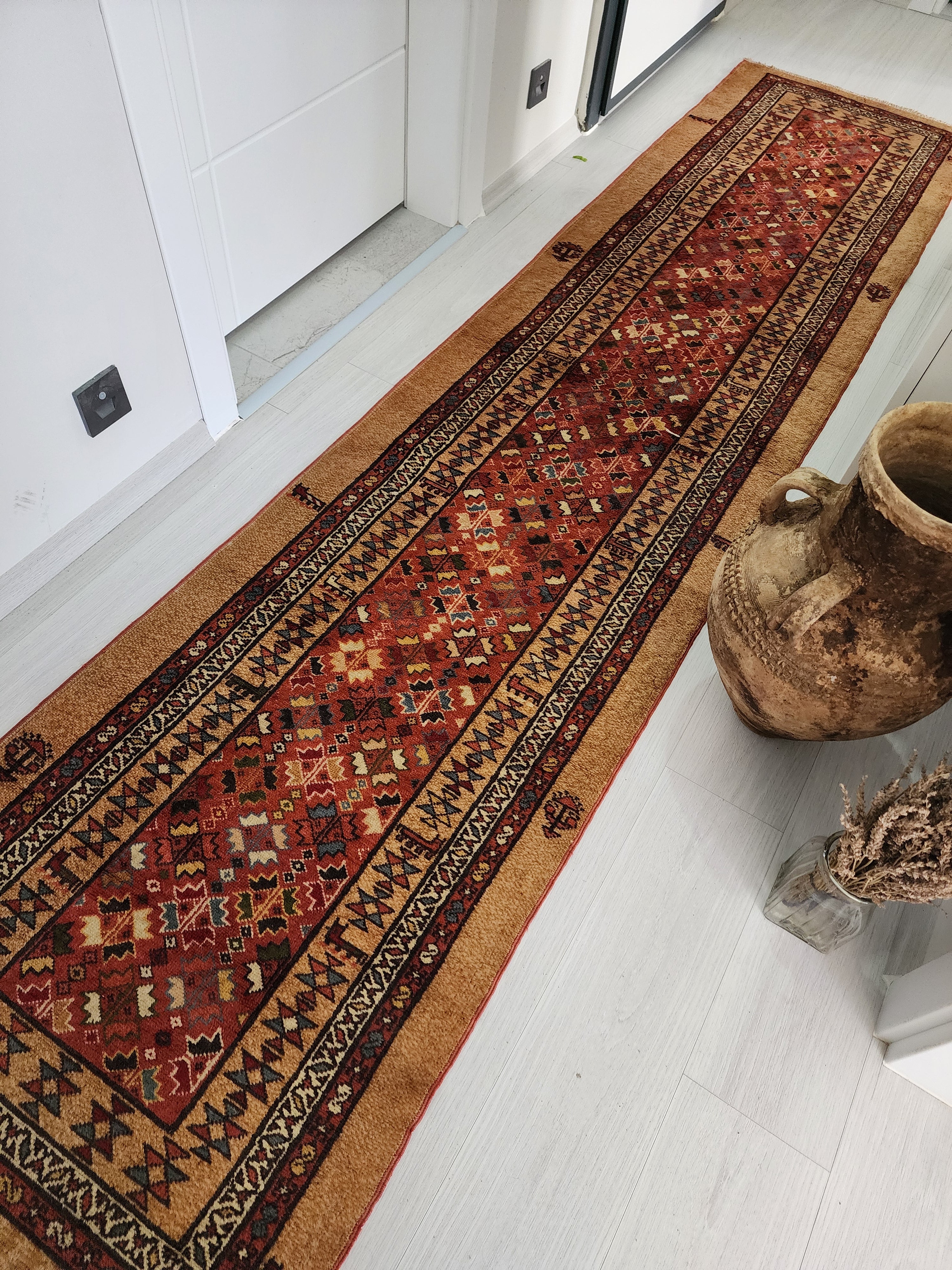 Vintage Camel Hair Runner Rug, 11x3 ft, Handmade Wool Hallway Rug