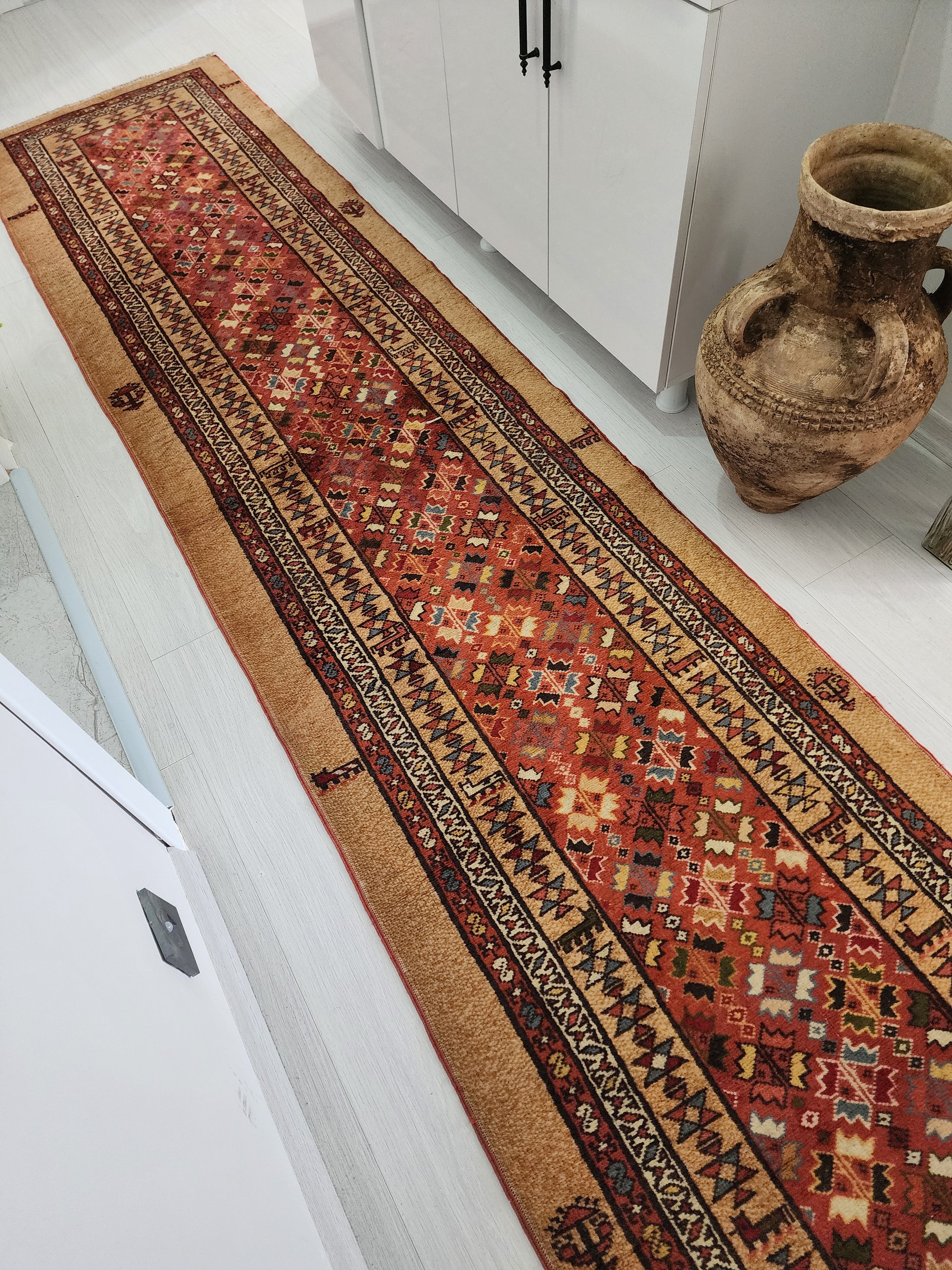 Vintage Camel Hair Runner Rug, 11x3 ft, Handmade Wool Hallway Rug