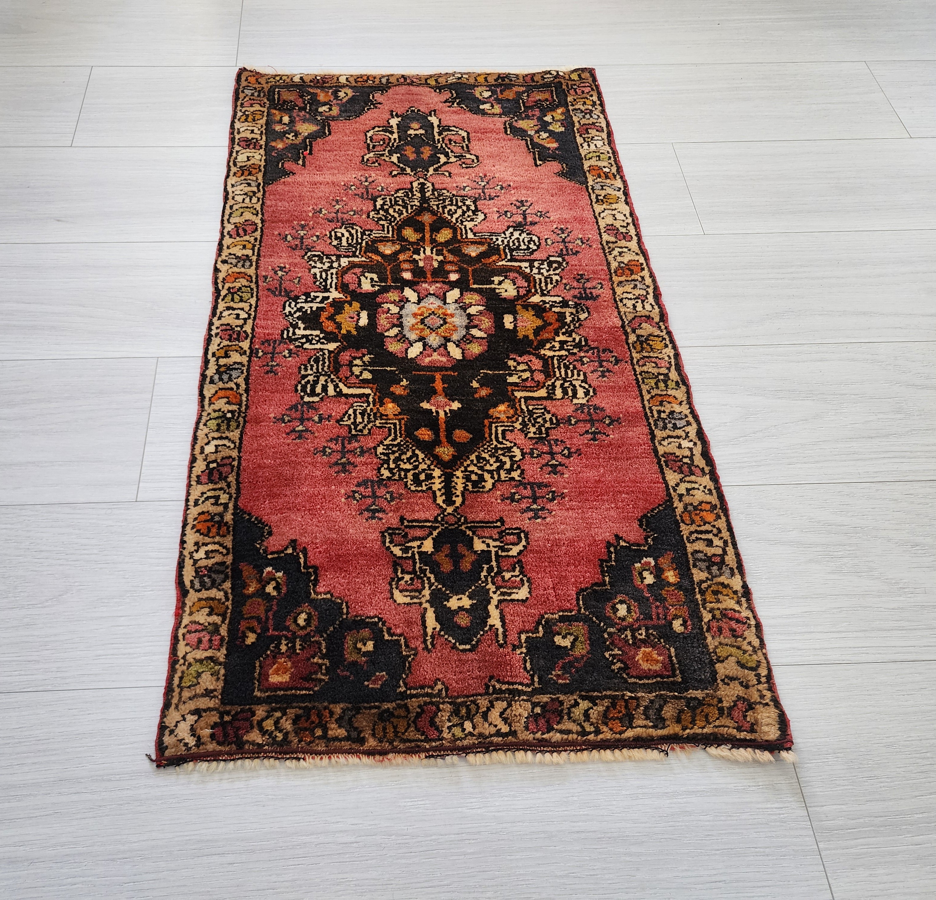 Vintage Turkish Konya Rug, Small Red Brown Wool Mat