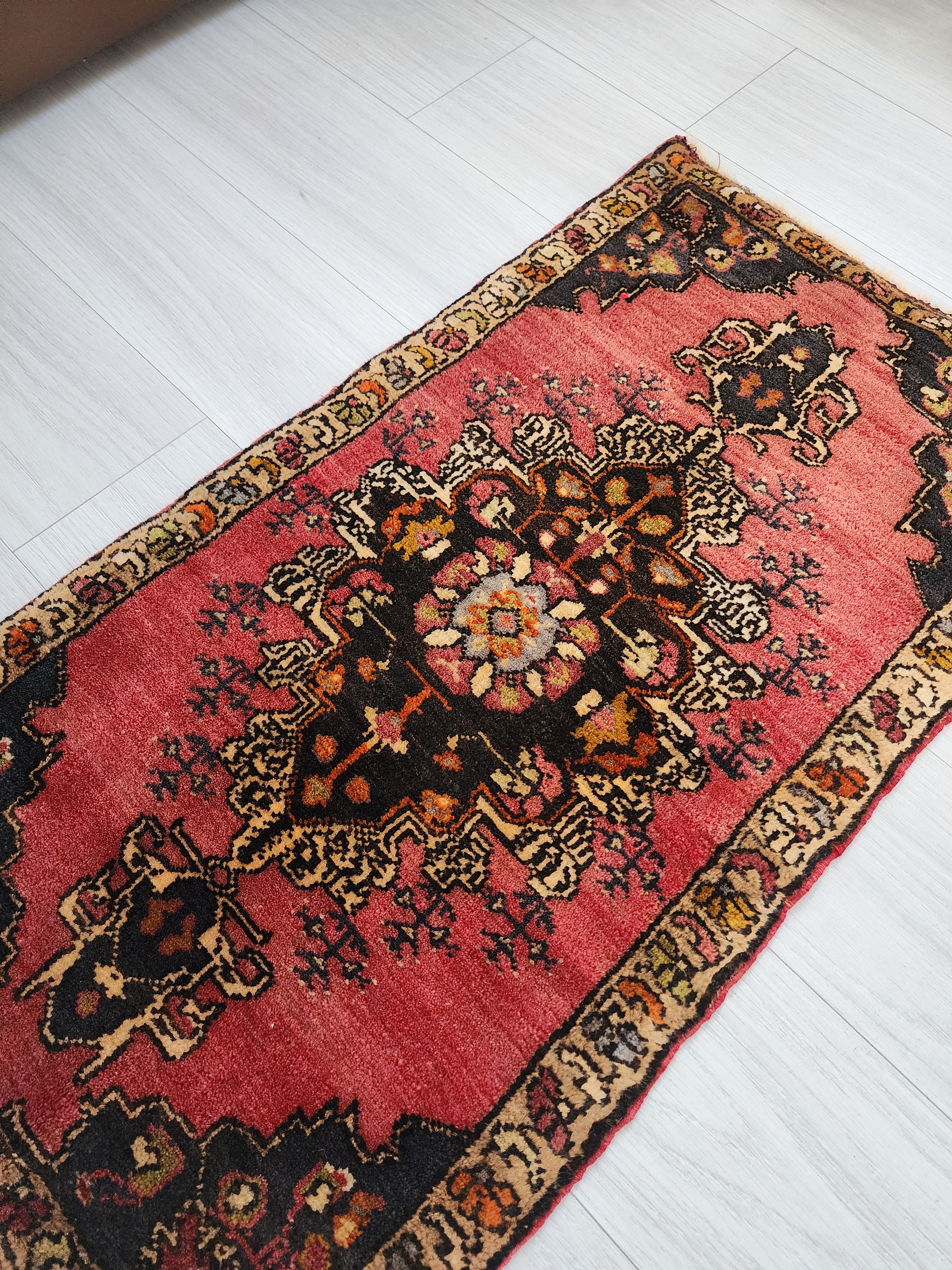 Vintage Turkish Konya Rug, Small Red Brown Wool Mat