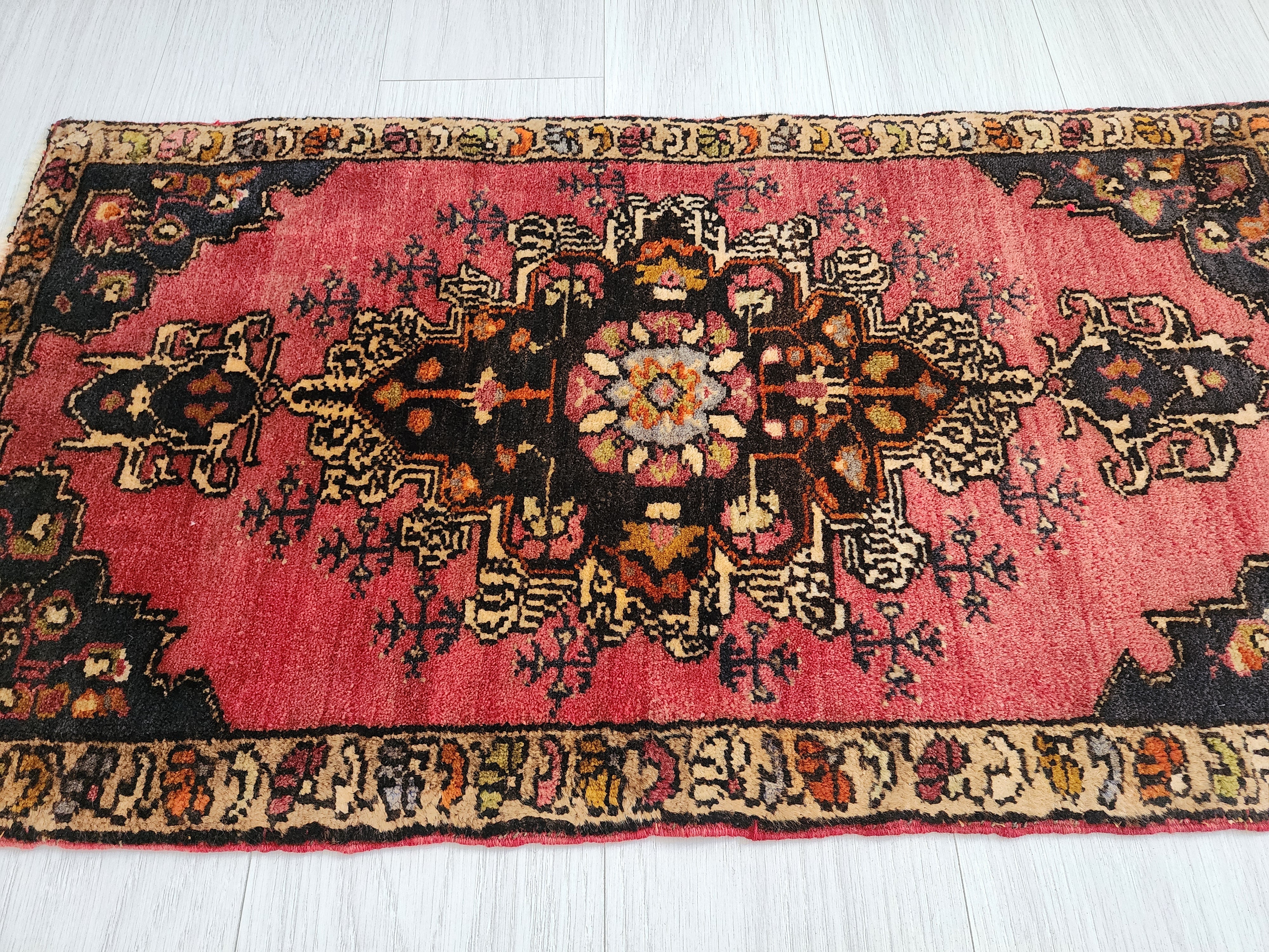 Vintage Turkish Konya Rug, Small Red Brown Wool Mat