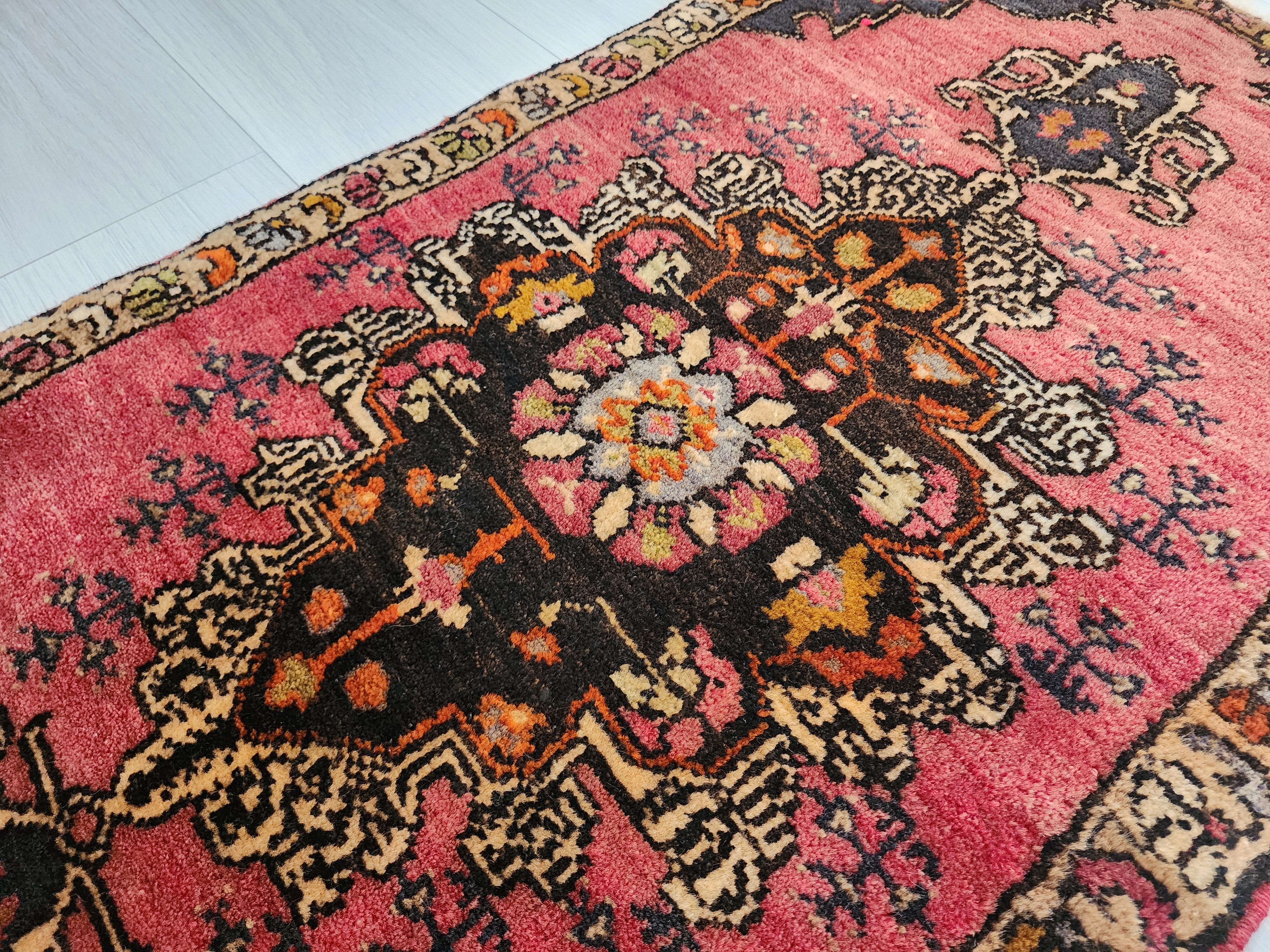 Vintage Turkish Konya Rug, Small Red Brown Wool Mat