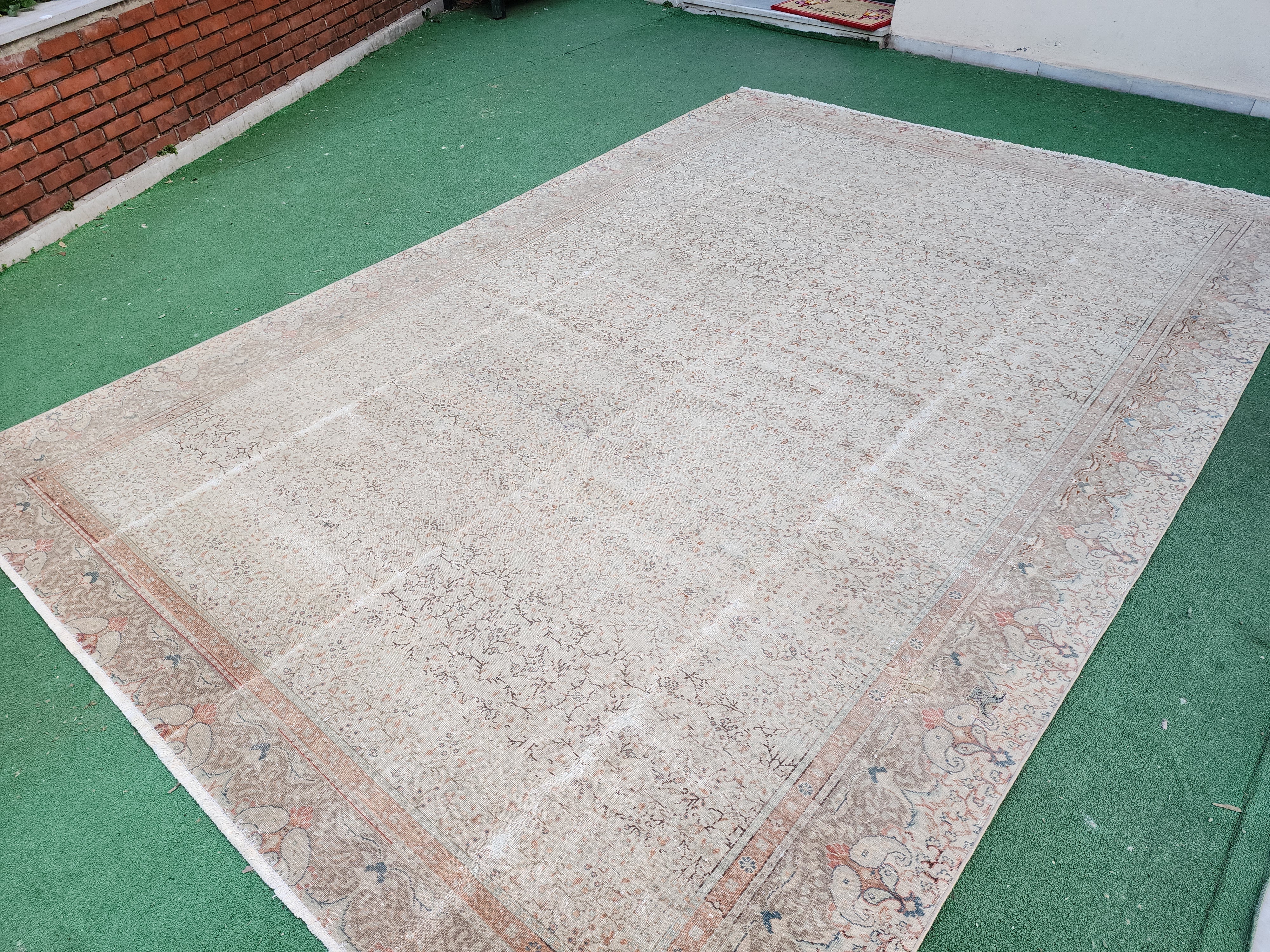 antique Oushak Wool Large Area Rug — styled view